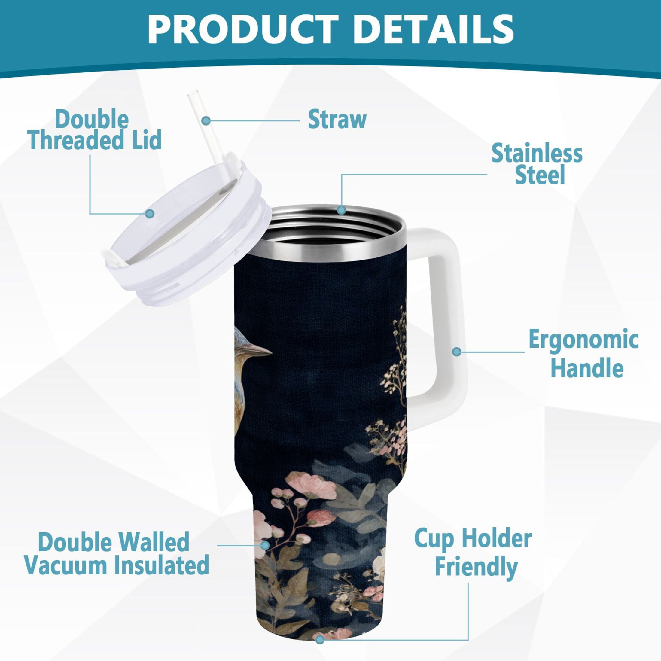 30 oz Insulated Stainless Steel Tumbler Double Wall Stainless Steel Tumbler with 2-Way Drinking Watercolor Vintage Blue Bird C466G