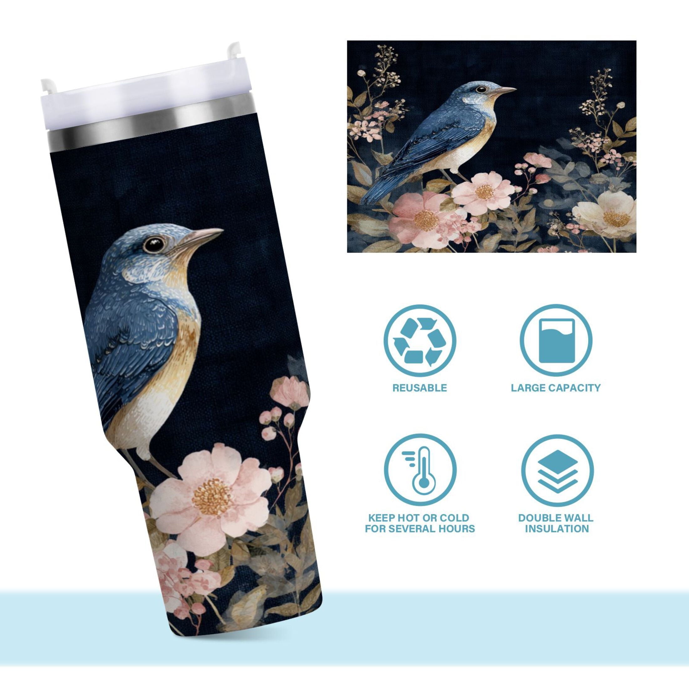 30 oz Insulated Stainless Steel Tumbler Double Wall Stainless Steel Tumbler with 2-Way Drinking Watercolor Vintage Blue Bird C466G
