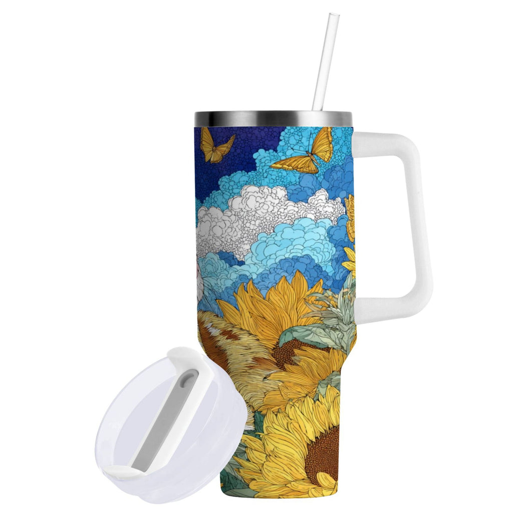 40 oz Insulated Stainless Steel Tumbler Double Wall Stainless Steel Tumbler with 2-Way Drinking Cat Lies in The Sunflowers C651Y
