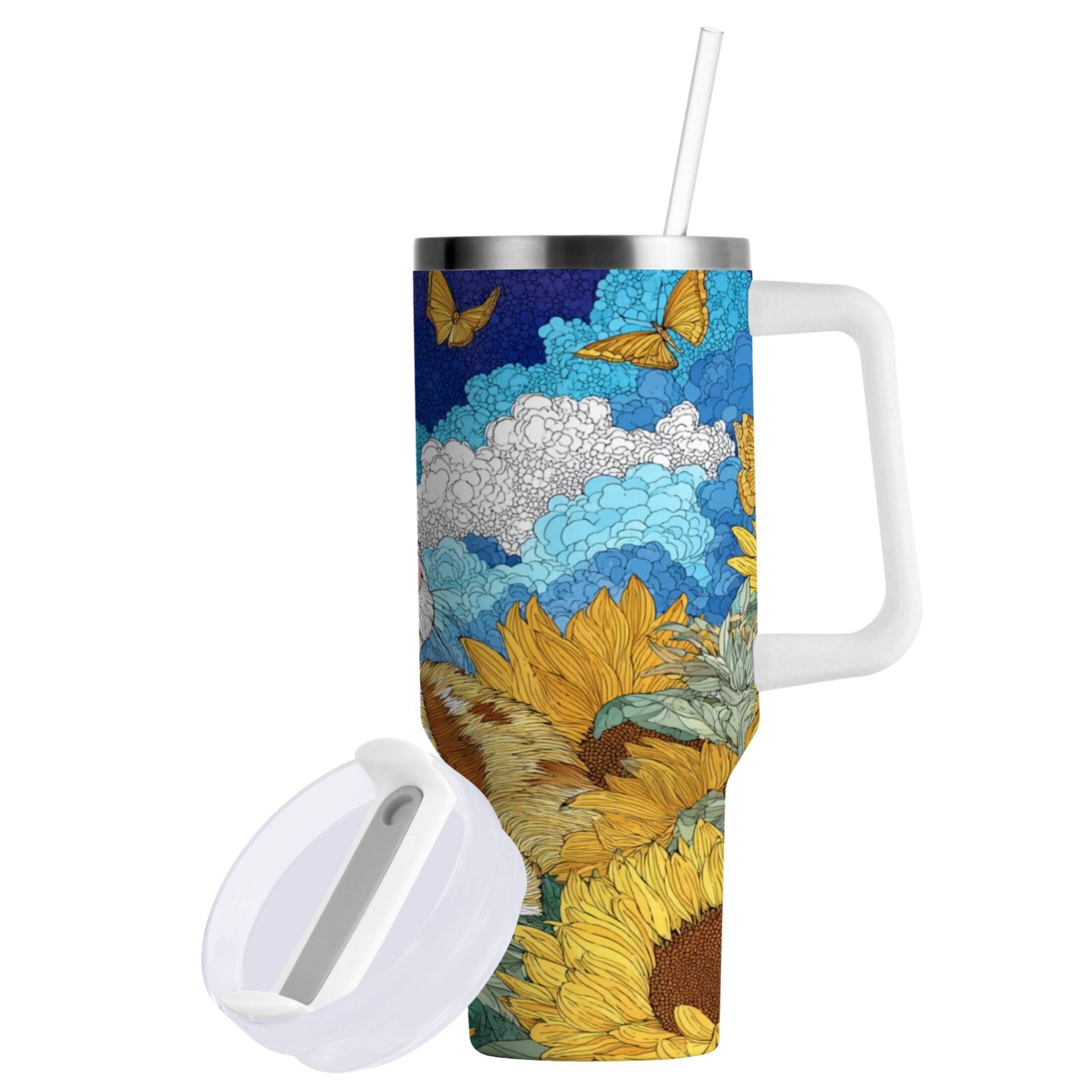 40 oz Insulated Stainless Steel Tumbler Double Wall Stainless Steel Tumbler with 2-Way Drinking Cat Lies in The Sunflowers C651Y