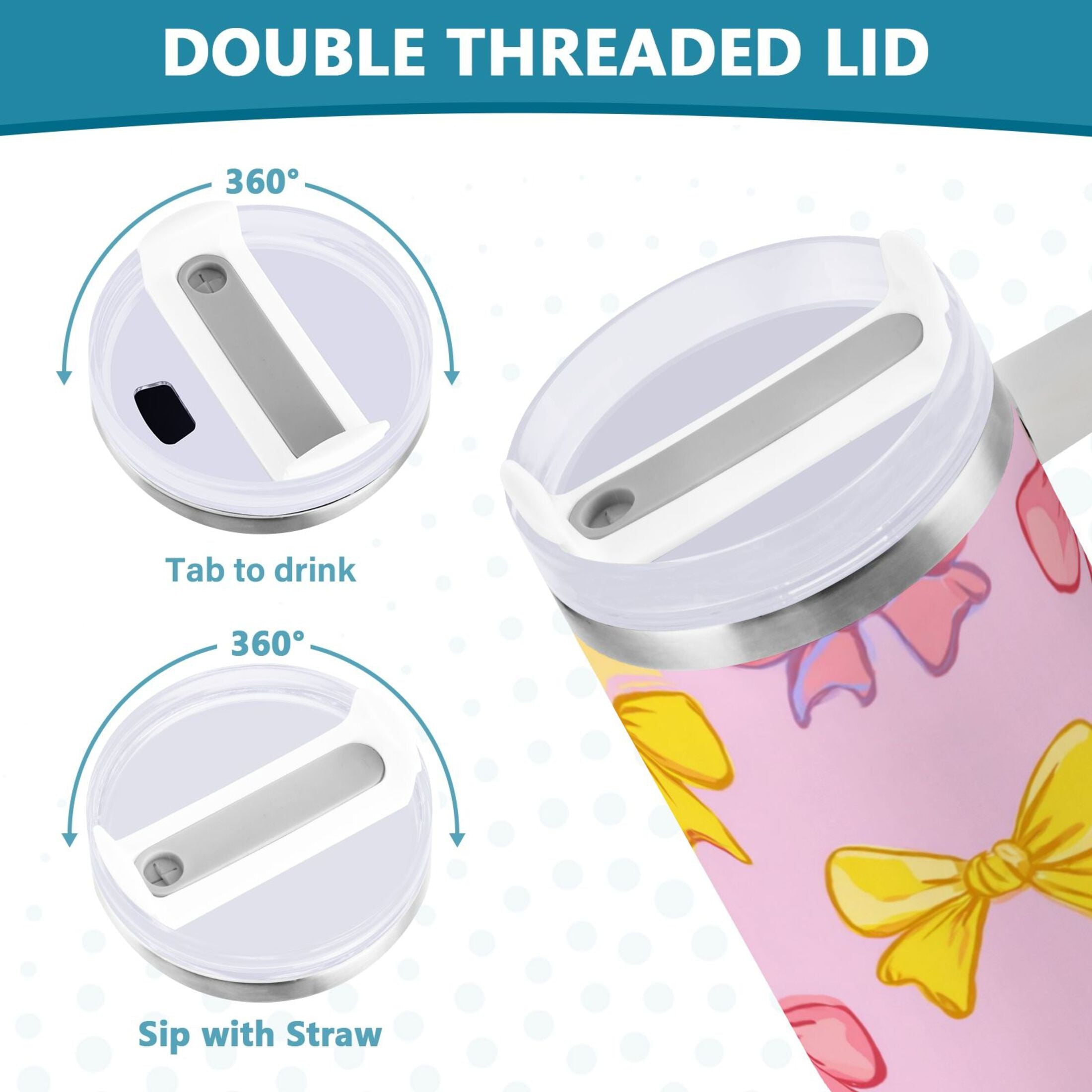 30 oz Insulated Stainless Steel Tumbler Double Wall Stainless Steel Tumbler with 2-Way Drinking Yellow and Pink Bows C566M