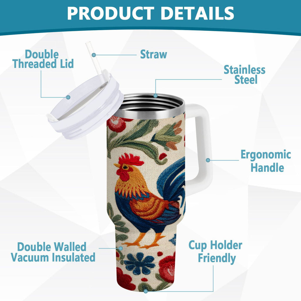 40 oz Insulated Stainless Steel Tumbler Double Wall Stainless Steel Tumbler with 2-Way Drinking Male and Female Chickens C440H