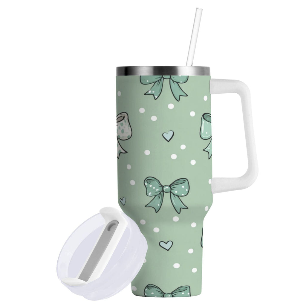 30 oz Insulated Stainless Steel Tumbler Double Wall Stainless Steel Tumbler with 2-Way Drinking Green and Mint Bows C559E