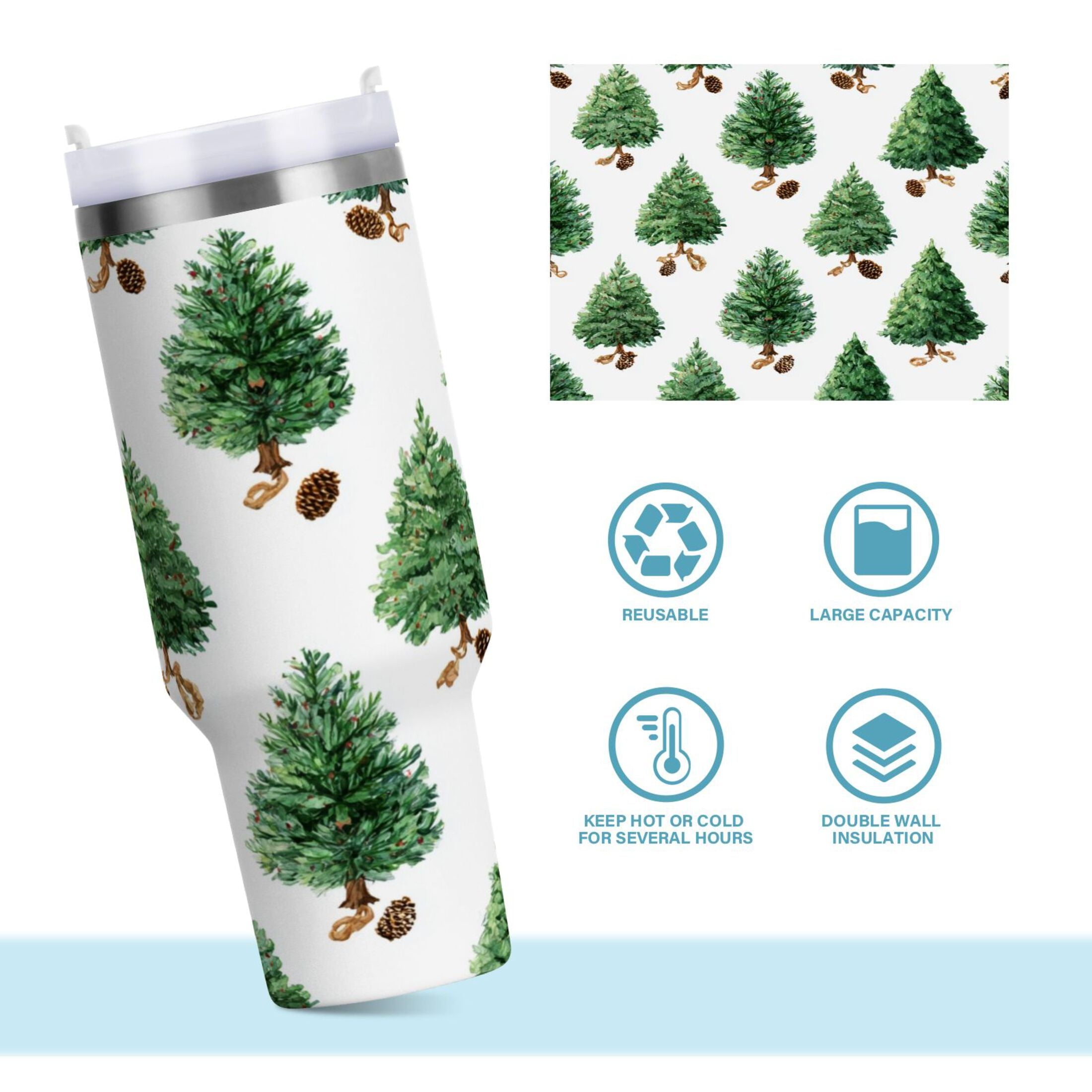 30 oz Insulated Stainless Steel Tumbler Double Wall Stainless Steel Tumbler with 2-Way Drinking Watercolor Green Christmas Tree C533S