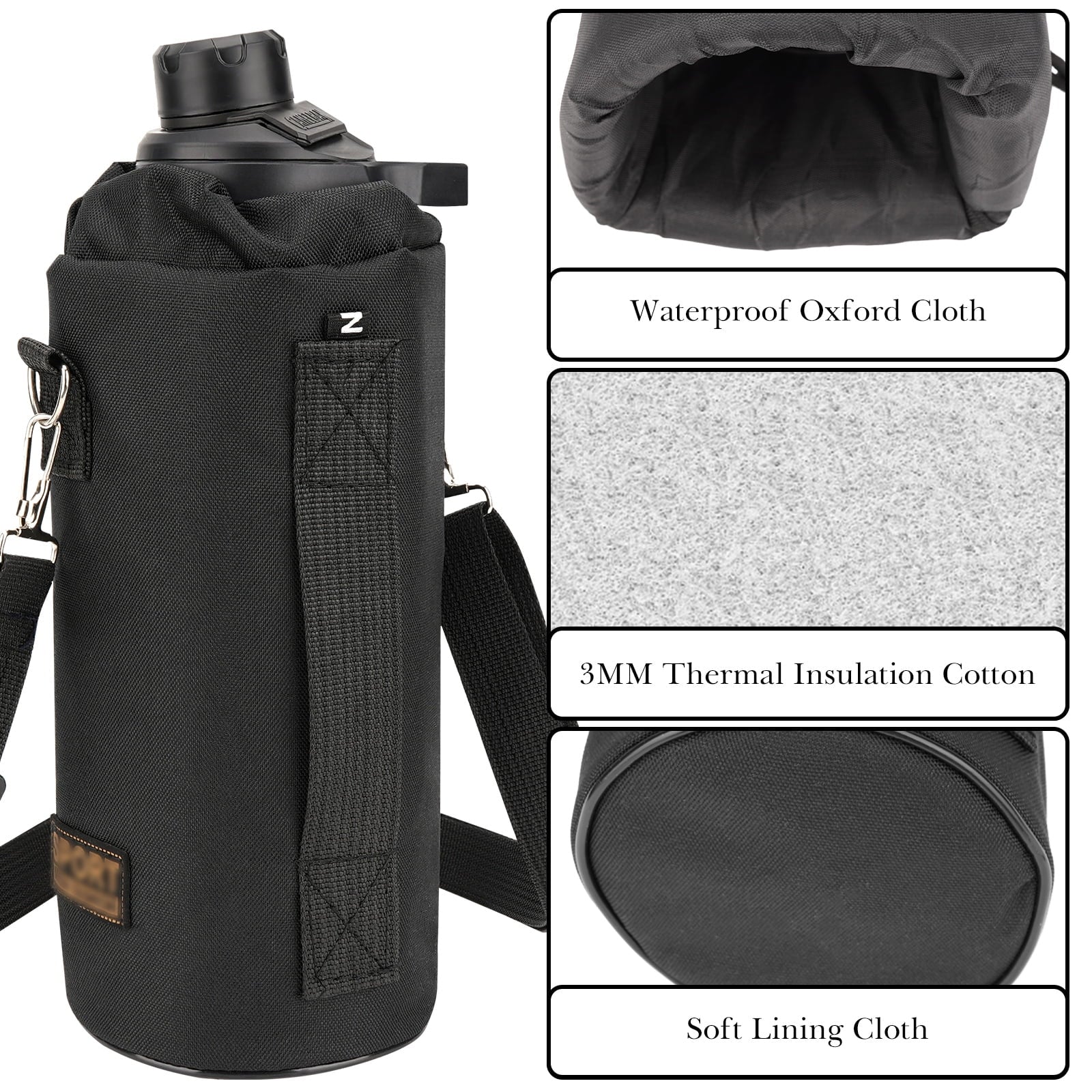 Linkidea Sports Water Bottle Carrier with Strap Compatible with Nalgene Sustain Tritan 48oz, CamelBak Chute Mag 50oz, Thick Waterbottle Cooler Bag Holder Shoulder Strap, Black C216P