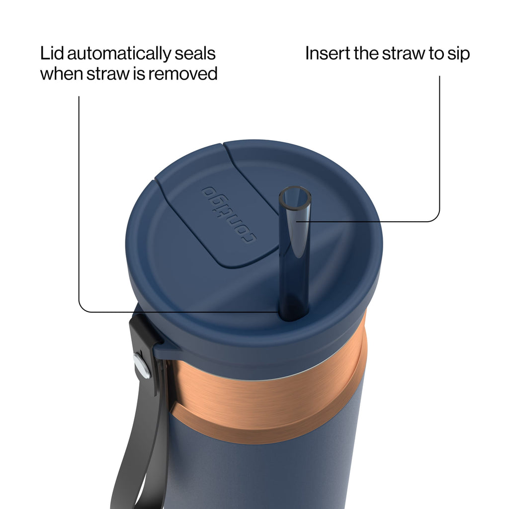 Contigo SnapSeal Leakproof Stainless Steel Reusable Water Bottle with Carrying Strap, Dark Blue/Bronze, 24 oz C024V