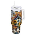 30 oz Insulated Stainless Steel Tumbler Double Wall Stainless Steel Tumbler with 2-Way Drinking Birdhouses with Sunflowers C474E