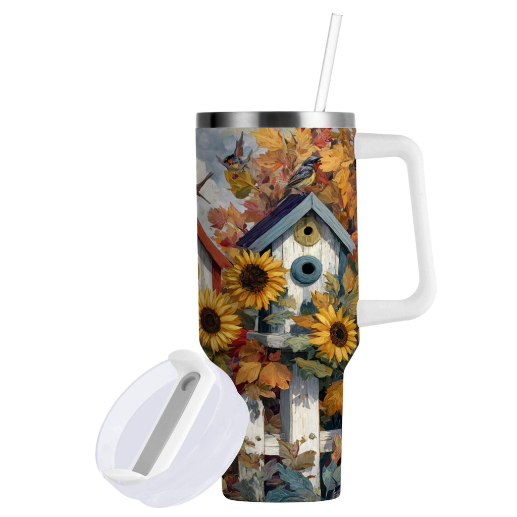 30 oz Insulated Stainless Steel Tumbler Double Wall Stainless Steel Tumbler with 2-Way Drinking Birdhouses with Sunflowers C474E
