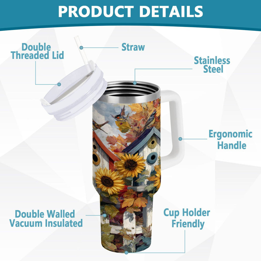 30 oz Insulated Stainless Steel Tumbler Double Wall Stainless Steel Tumbler with 2-Way Drinking Birdhouses with Sunflowers C474E