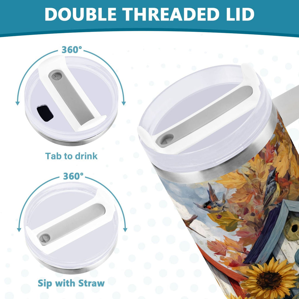 30 oz Insulated Stainless Steel Tumbler Double Wall Stainless Steel Tumbler with 2-Way Drinking Birdhouses with Sunflowers C474E