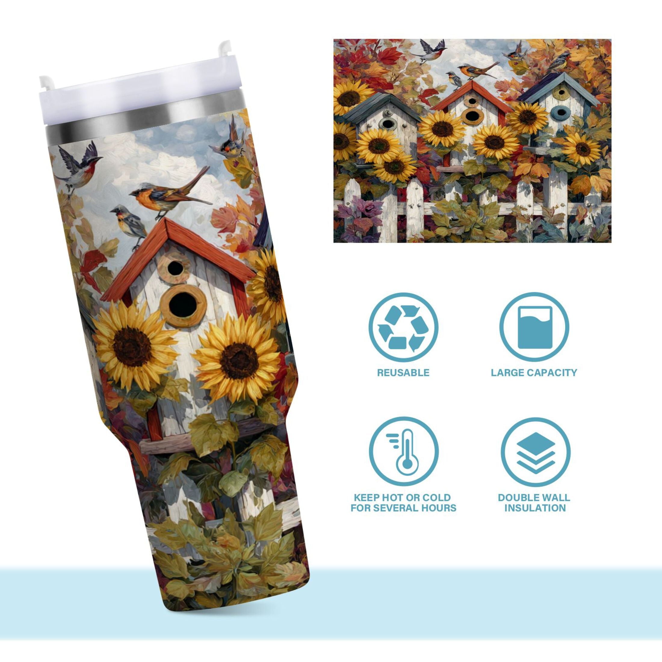30 oz Insulated Stainless Steel Tumbler Double Wall Stainless Steel Tumbler with 2-Way Drinking Birdhouses with Sunflowers C474E