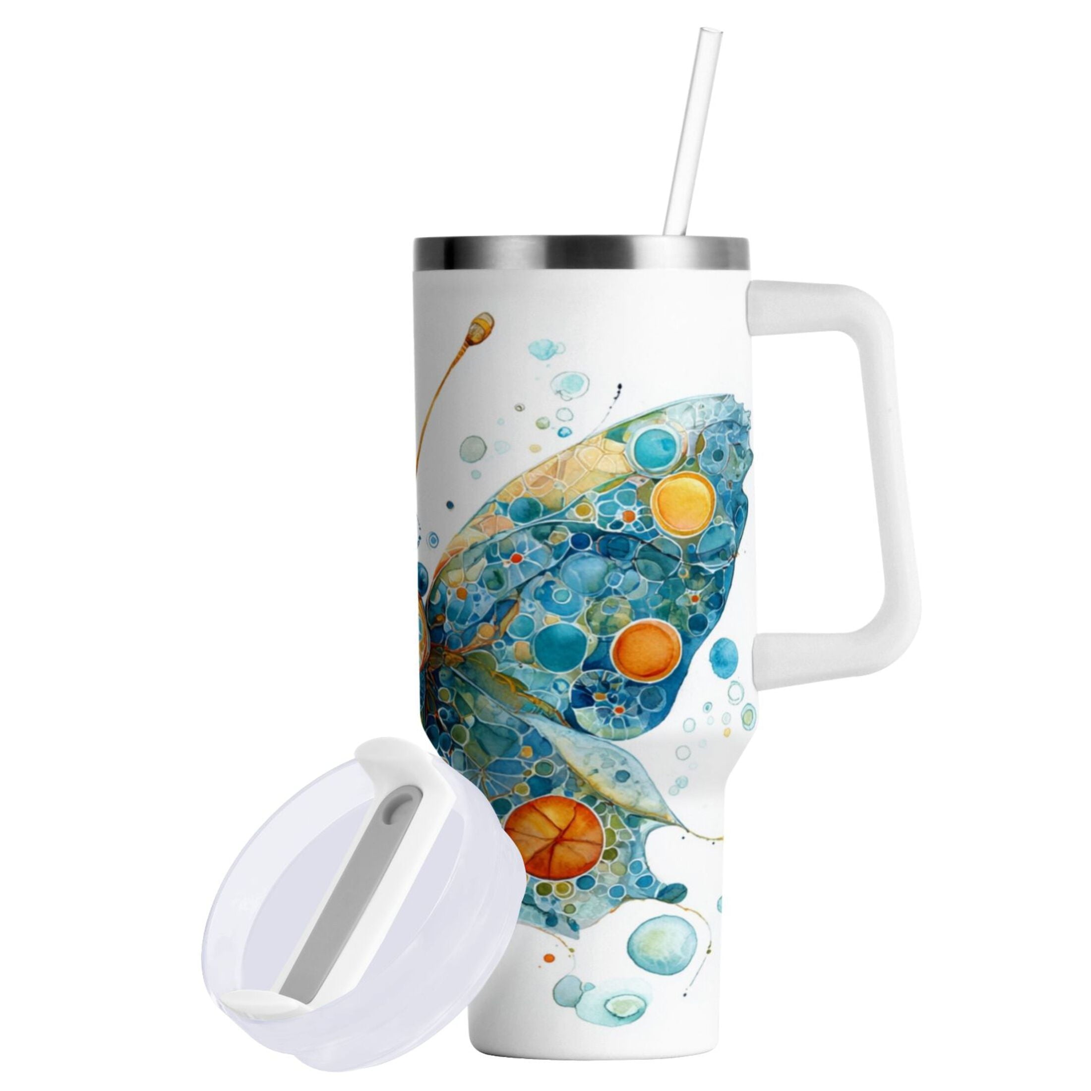 40 oz Insulated Stainless Steel Tumbler Double Wall Stainless Steel Tumbler with 2-Way Drinking Intricately Butterfly C484T