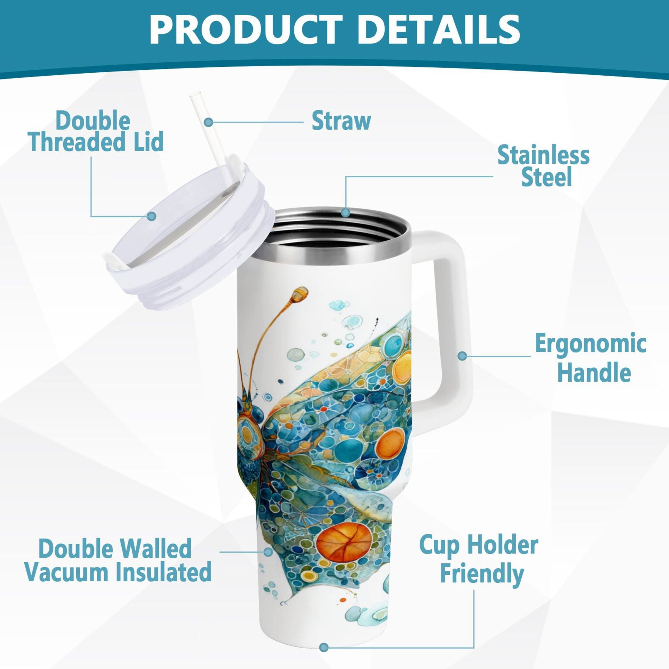 40 oz Insulated Stainless Steel Tumbler Double Wall Stainless Steel Tumbler with 2-Way Drinking Intricately Butterfly C484T