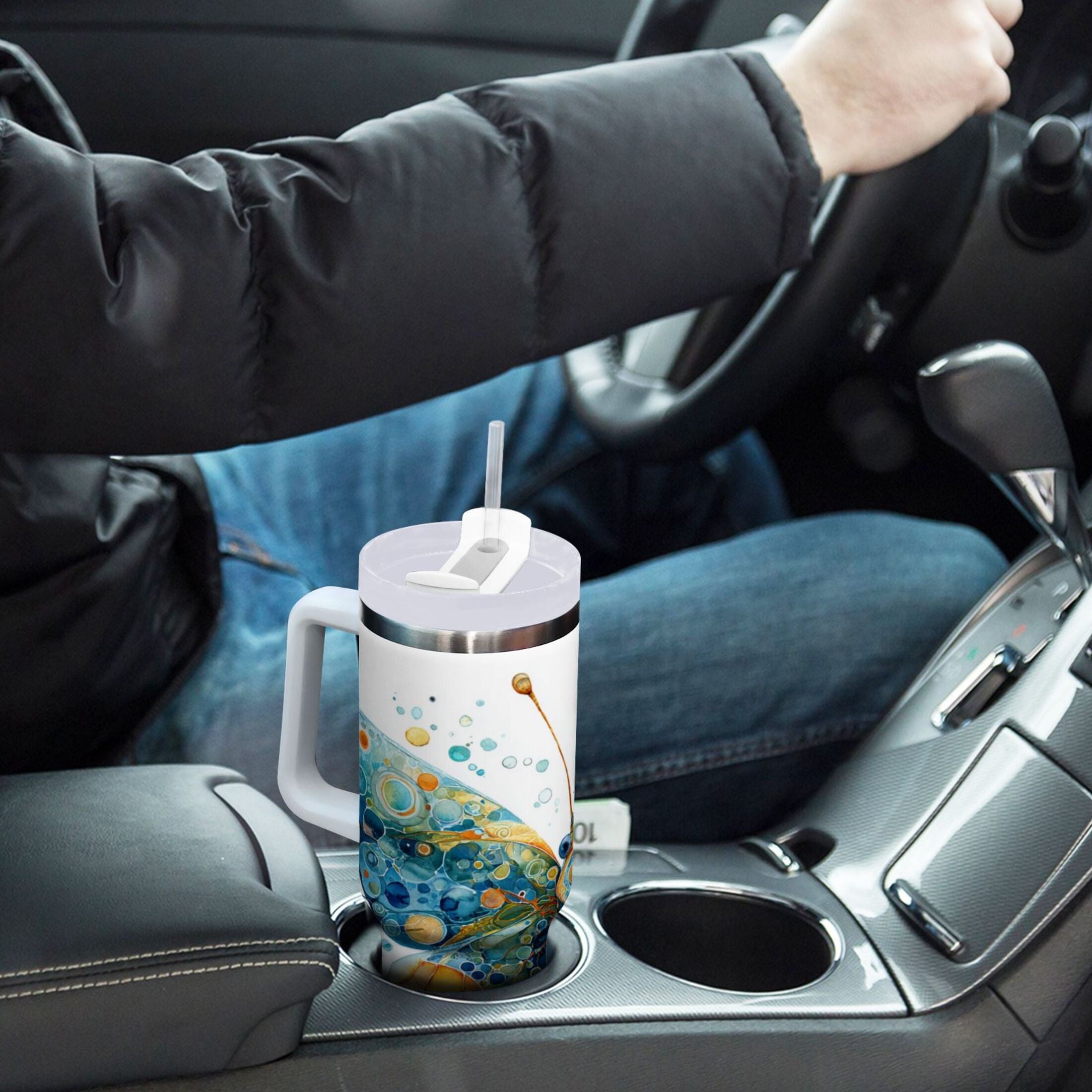 40 oz Insulated Stainless Steel Tumbler Double Wall Stainless Steel Tumbler with 2-Way Drinking Intricately Butterfly C484T