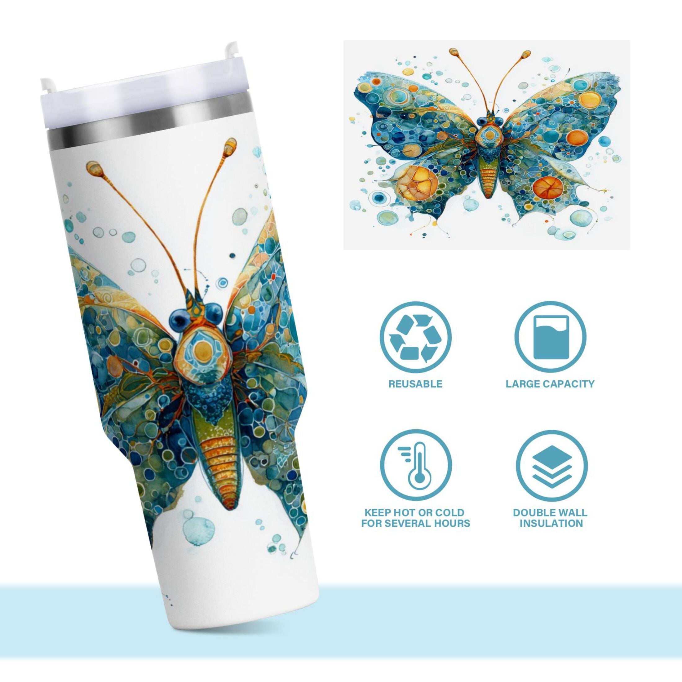 40 oz Insulated Stainless Steel Tumbler Double Wall Stainless Steel Tumbler with 2-Way Drinking Intricately Butterfly C484T