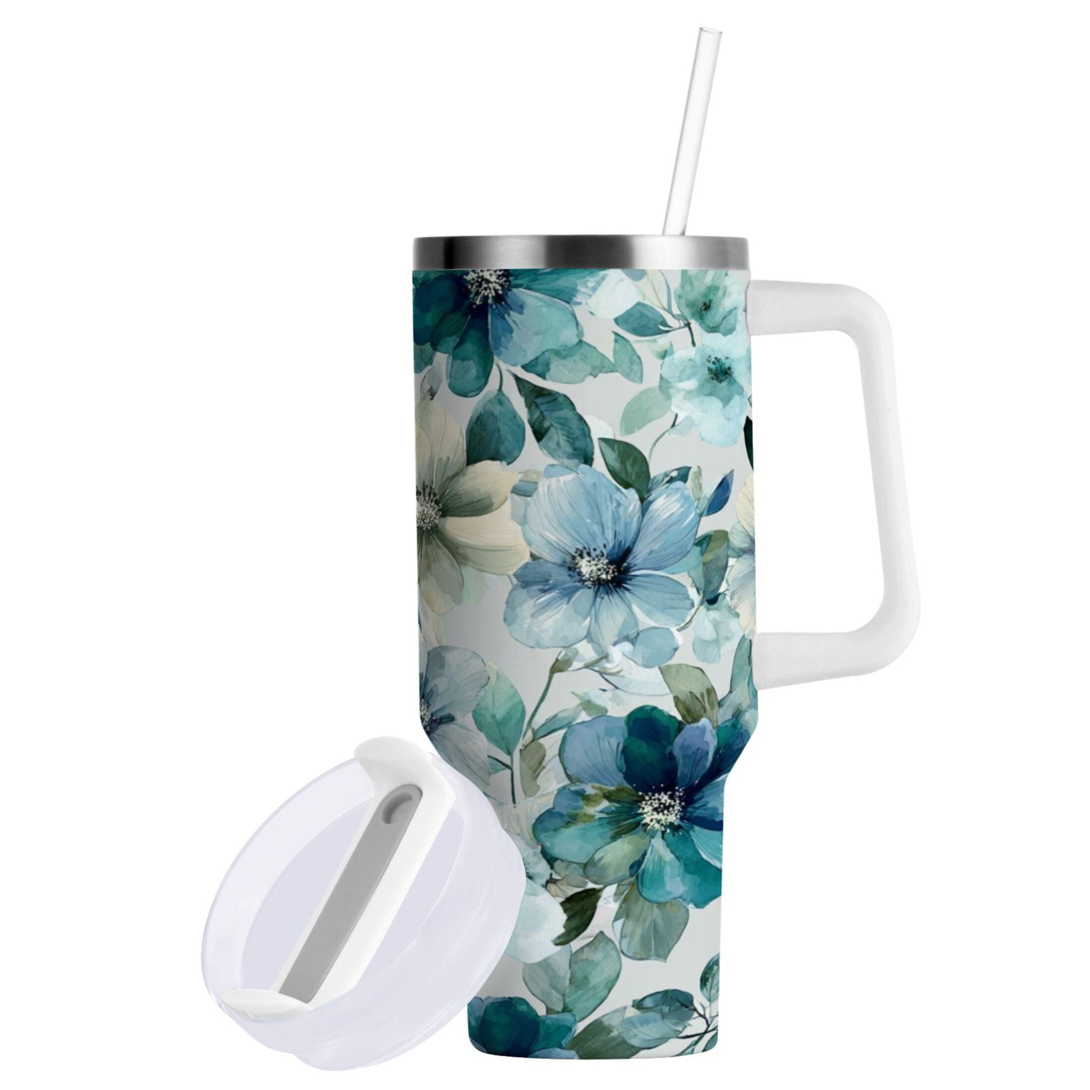 30 oz Insulated Stainless Steel Tumbler Double Wall Stainless Steel Tumbler with 2-Way Drinking Blue and Green Flowers C476M