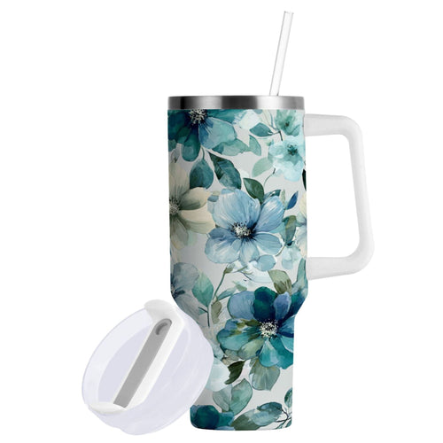 30 oz Insulated Stainless Steel Tumbler Double Wall Stainless Steel Tumbler with 2-Way Drinking Blue and Green Flowers C476M