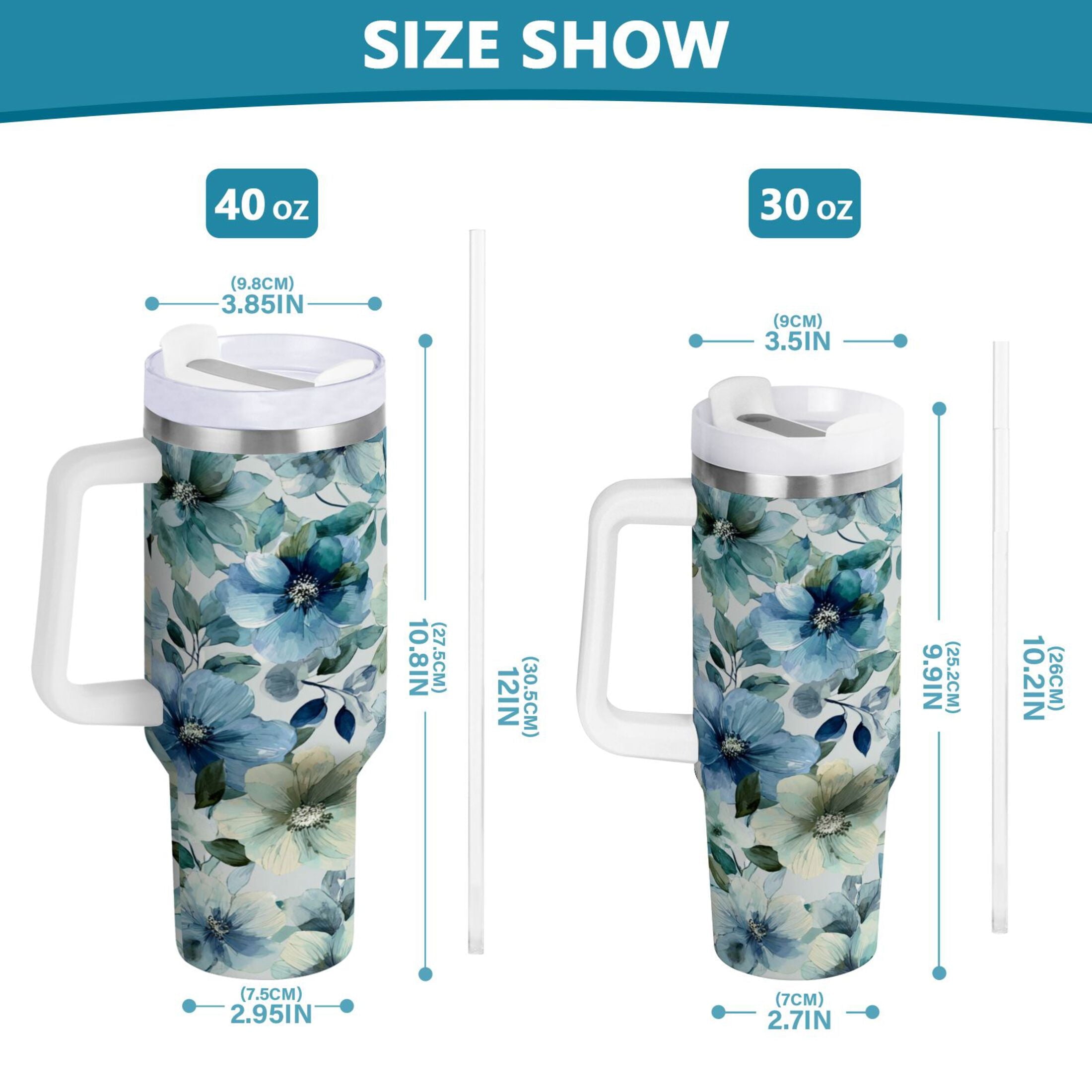 30 oz Insulated Stainless Steel Tumbler Double Wall Stainless Steel Tumbler with 2-Way Drinking Blue and Green Flowers C476M