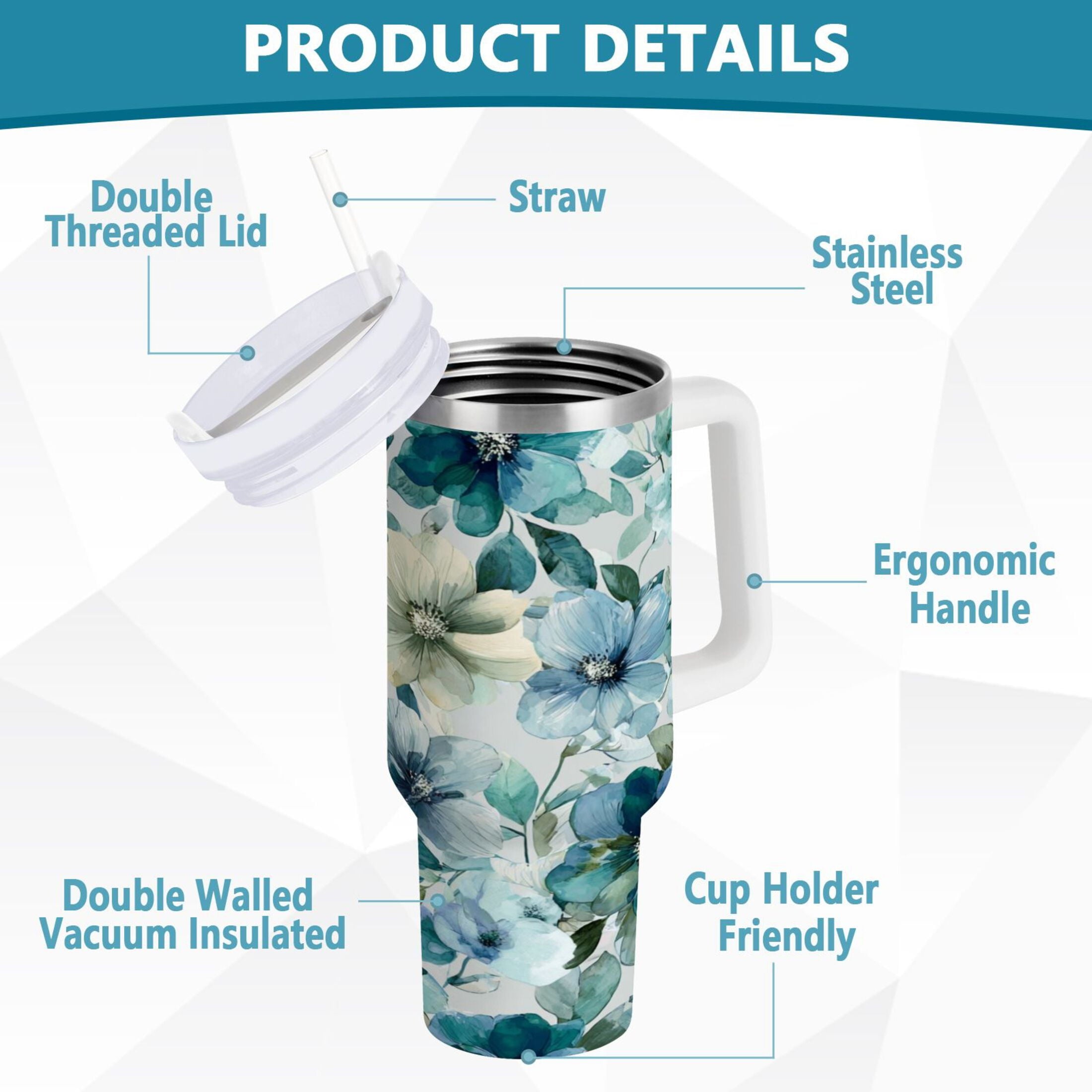 30 oz Insulated Stainless Steel Tumbler Double Wall Stainless Steel Tumbler with 2-Way Drinking Blue and Green Flowers C476M