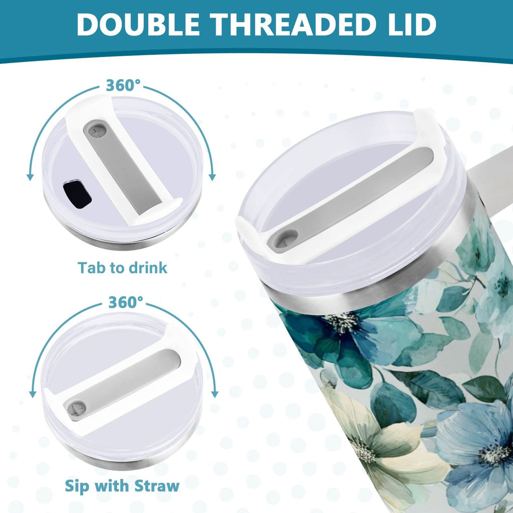 30 oz Insulated Stainless Steel Tumbler Double Wall Stainless Steel Tumbler with 2-Way Drinking Blue and Green Flowers C476M