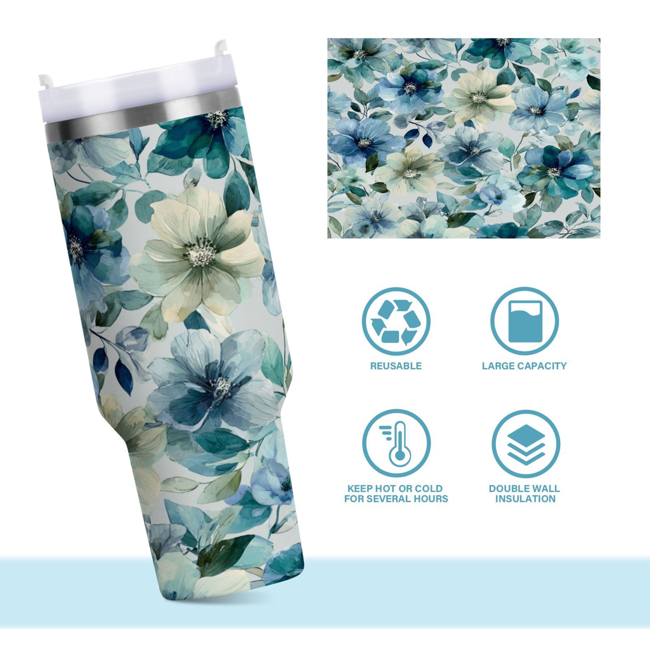 30 oz Insulated Stainless Steel Tumbler Double Wall Stainless Steel Tumbler with 2-Way Drinking Blue and Green Flowers C476M