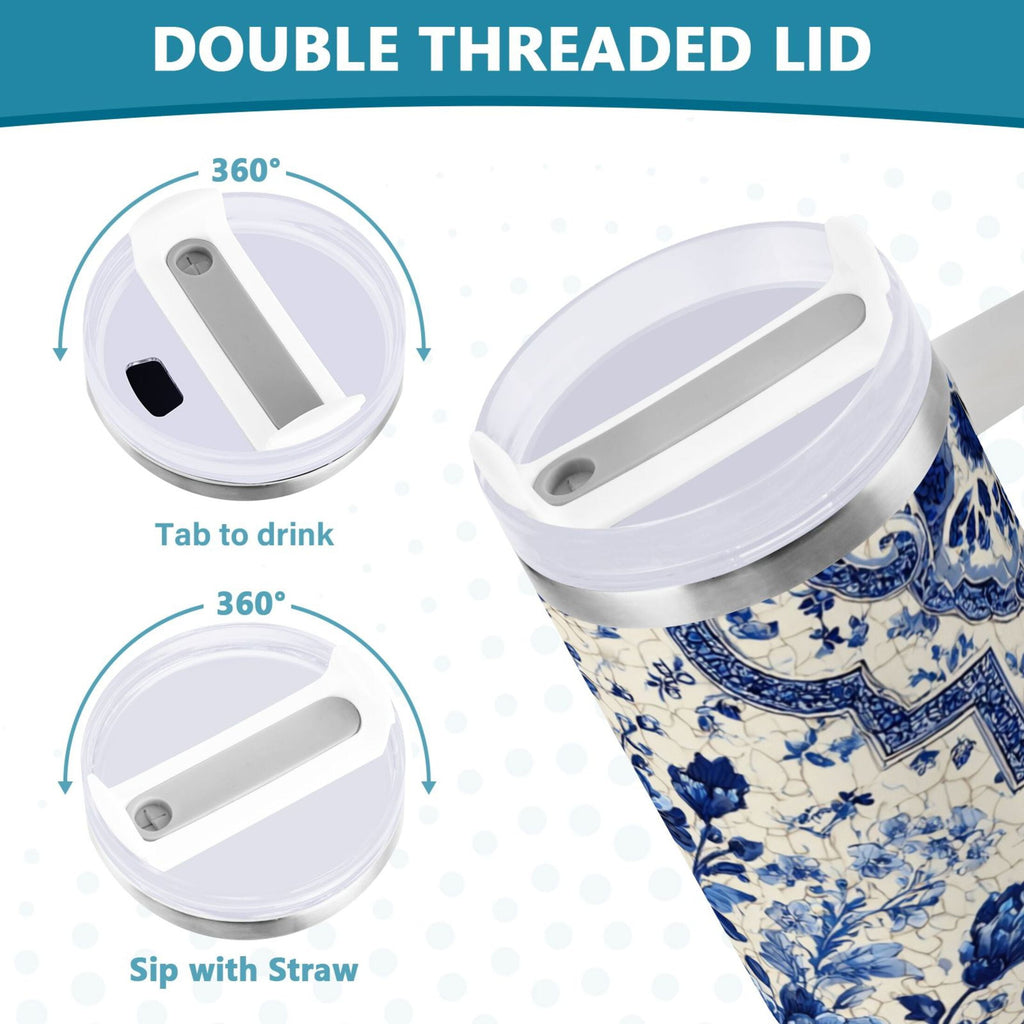 30 oz Insulated Stainless Steel Tumbler Double Wall Stainless Steel Tumbler with 2-Way Drinking Blue and White Porcelain-style C576F