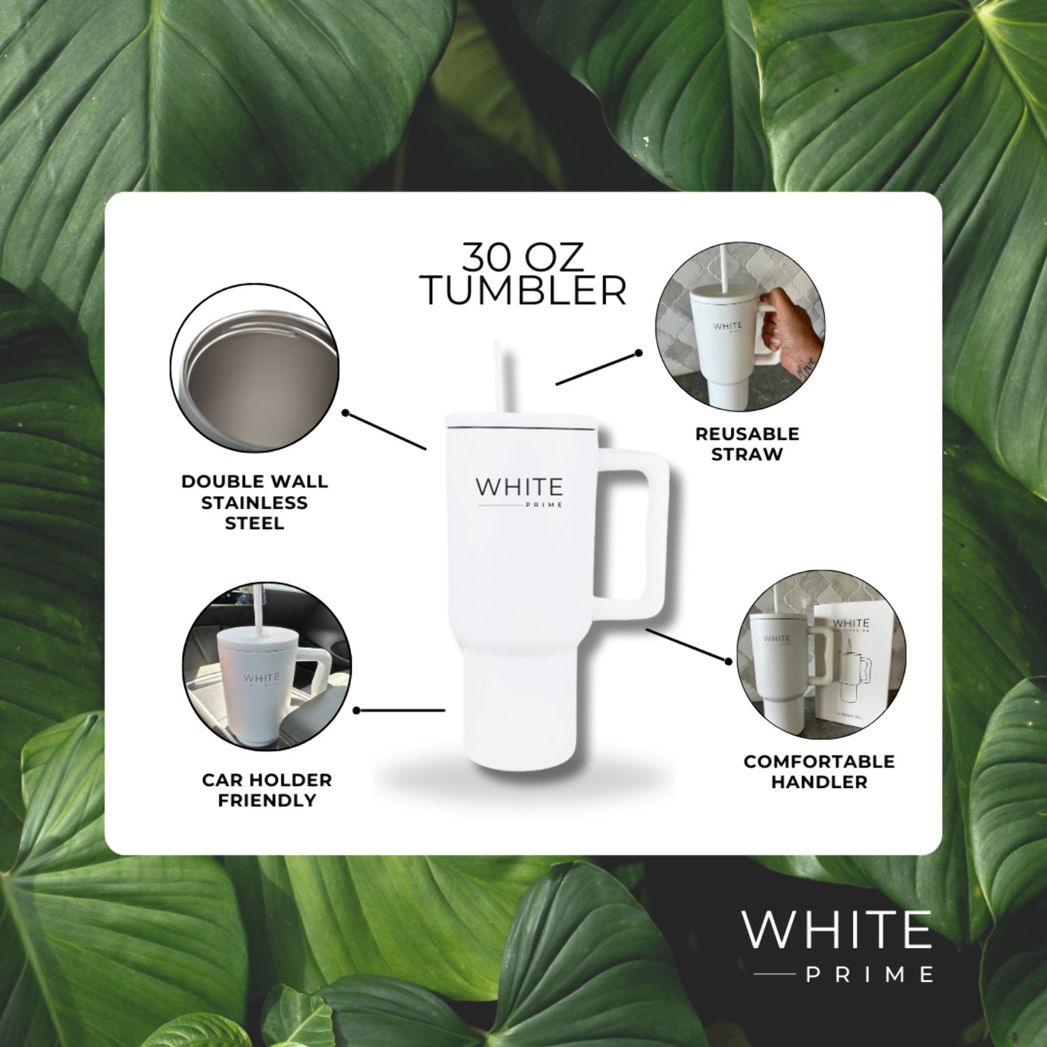 Tumbler 30 oz – Stainless Steel Cup with Handle and Lid | White Prime C420H