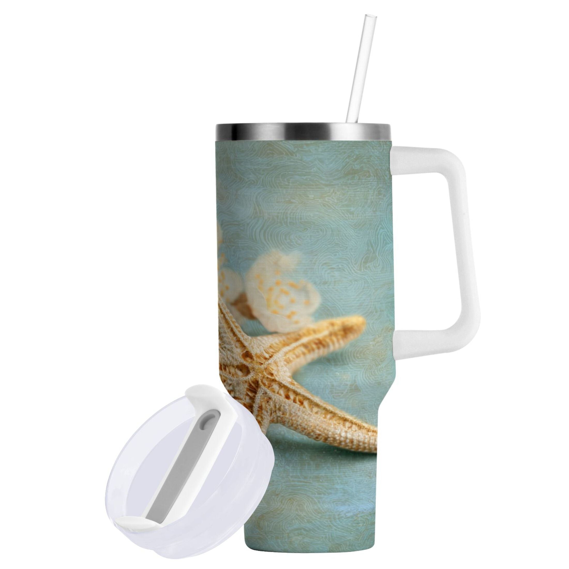 30 oz Insulated Stainless Steel Tumbler Double Wall Stainless Steel Tumbler with 2-Way Drinking Starfish with Flowers C451H