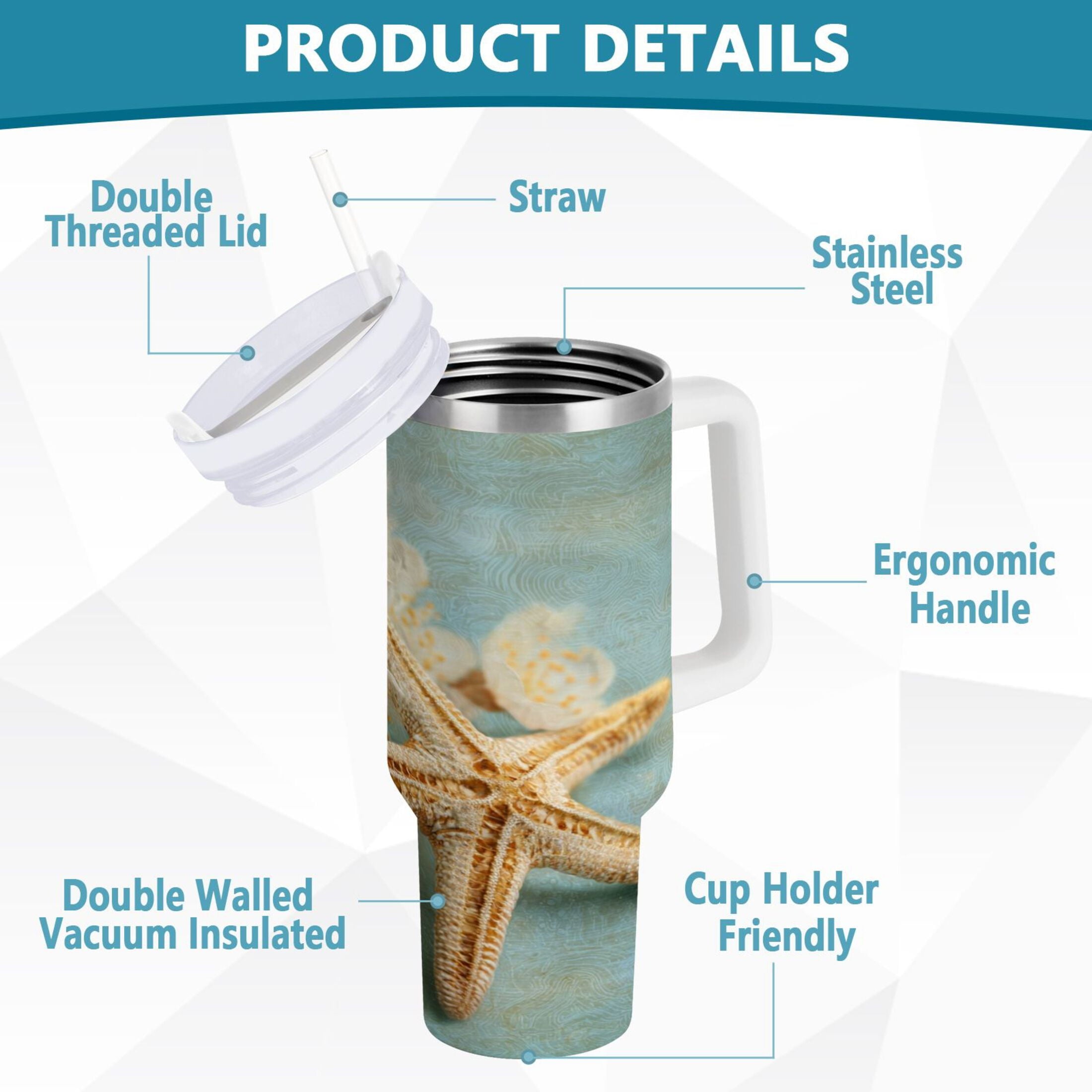 30 oz Insulated Stainless Steel Tumbler Double Wall Stainless Steel Tumbler with 2-Way Drinking Starfish with Flowers C451H
