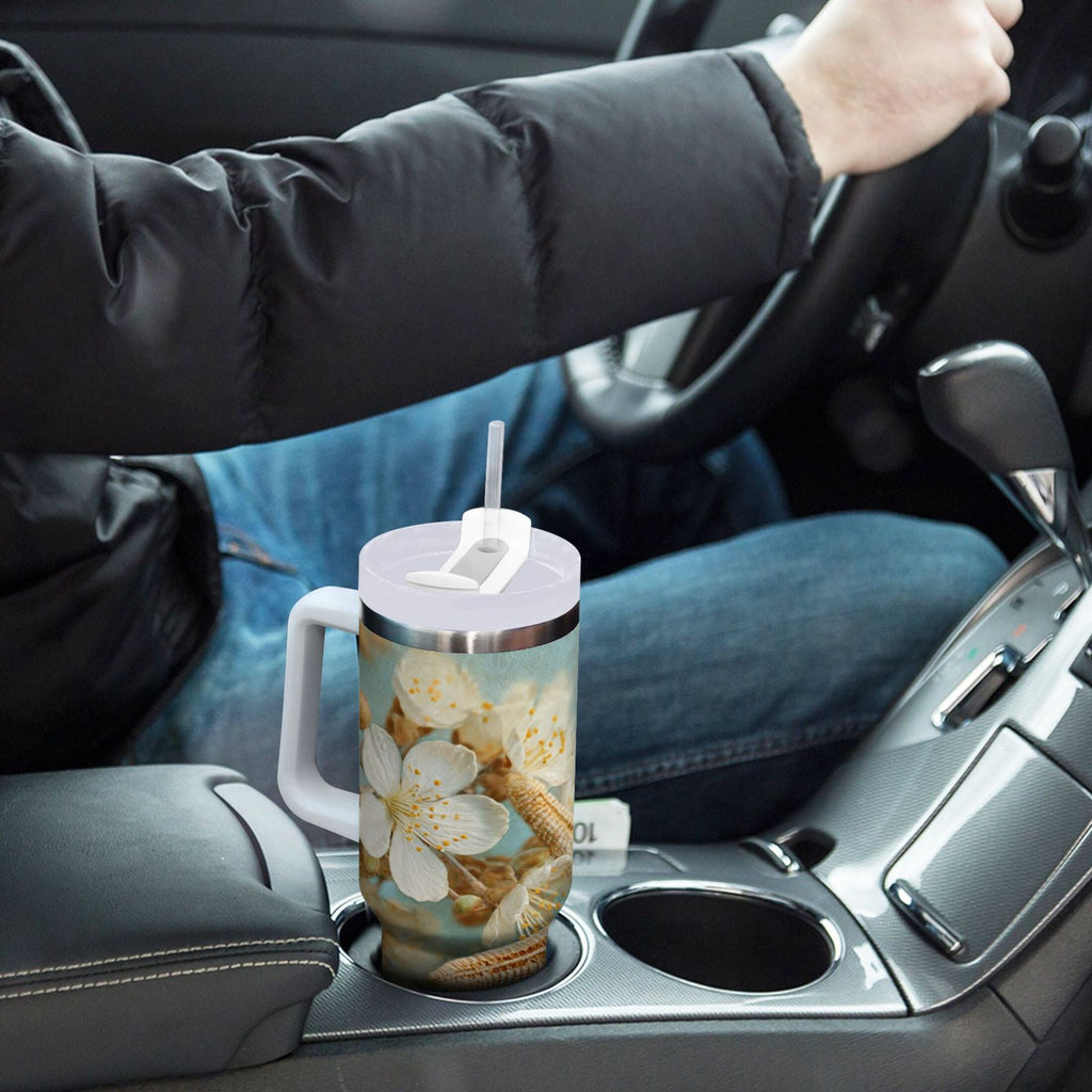 30 oz Insulated Stainless Steel Tumbler Double Wall Stainless Steel Tumbler with 2-Way Drinking Starfish with Flowers C451H