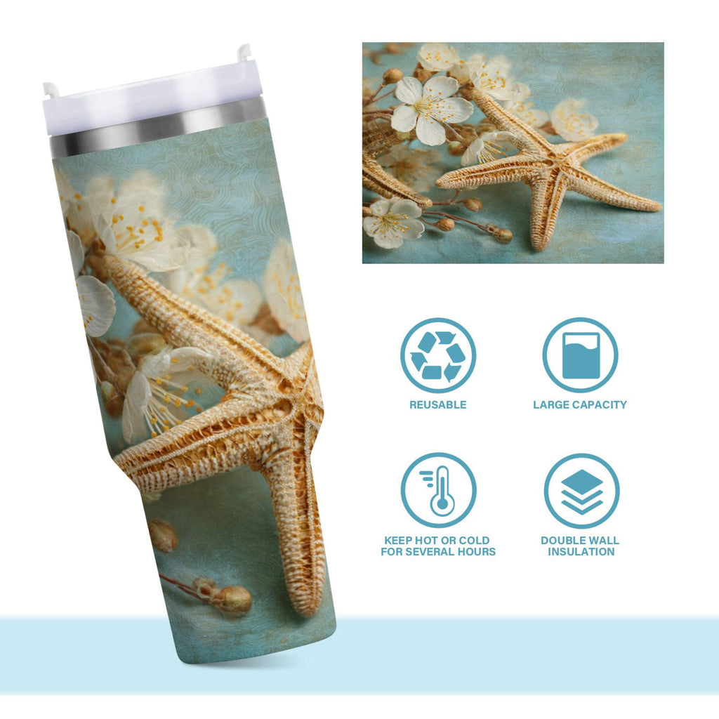 30 oz Insulated Stainless Steel Tumbler Double Wall Stainless Steel Tumbler with 2-Way Drinking Starfish with Flowers C451H