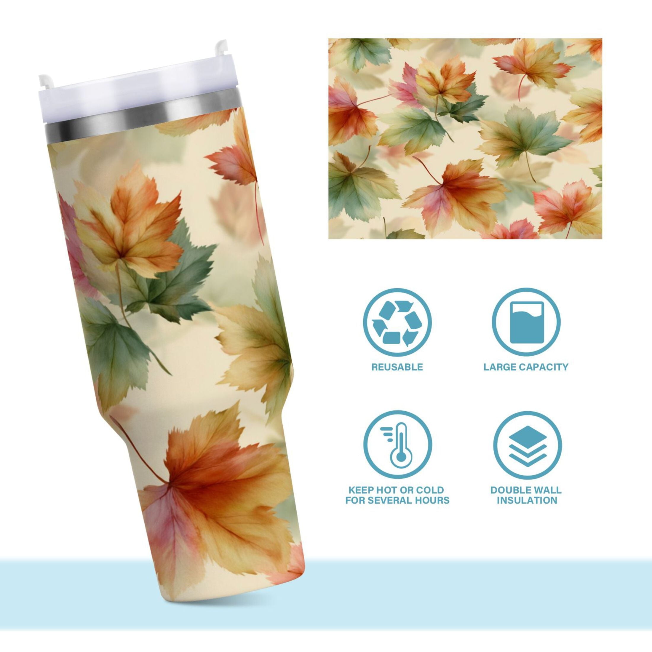 40 oz Insulated Stainless Steel Tumbler Double Wall Stainless Steel Tumbler with 2-Way Drinking Watercolor Maple Leaves Pattern C513U