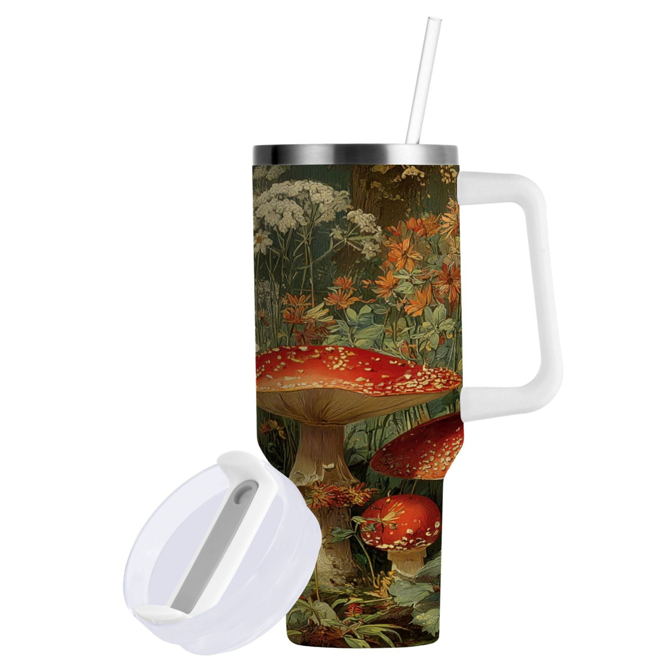 40 oz Insulated Stainless Steel Tumbler Double Wall Stainless Steel Tumbler with 2-Way Drinking Red Mushrooms C505X