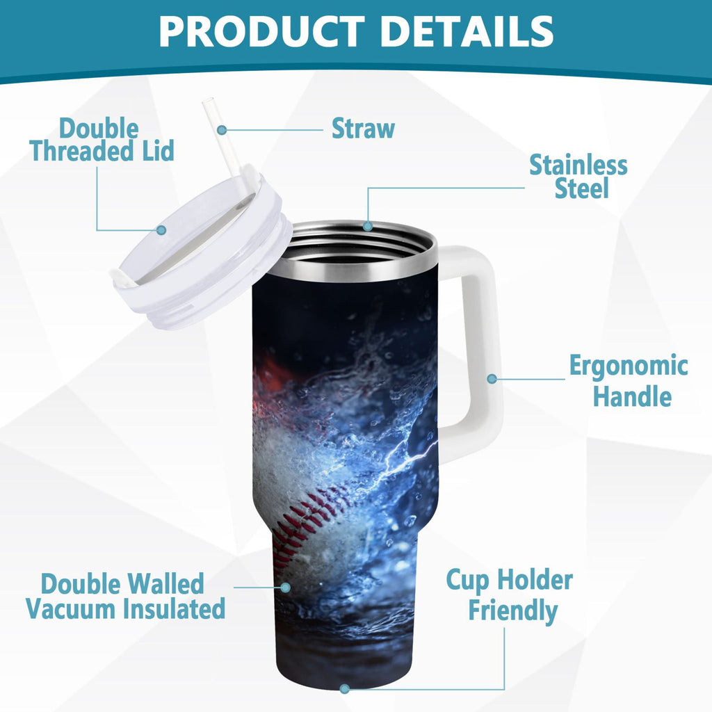 40 oz Insulated Stainless Steel Tumbler Double Wall Stainless Steel Tumbler with 2-Way Drinking Baseball with Water and Fire C680S