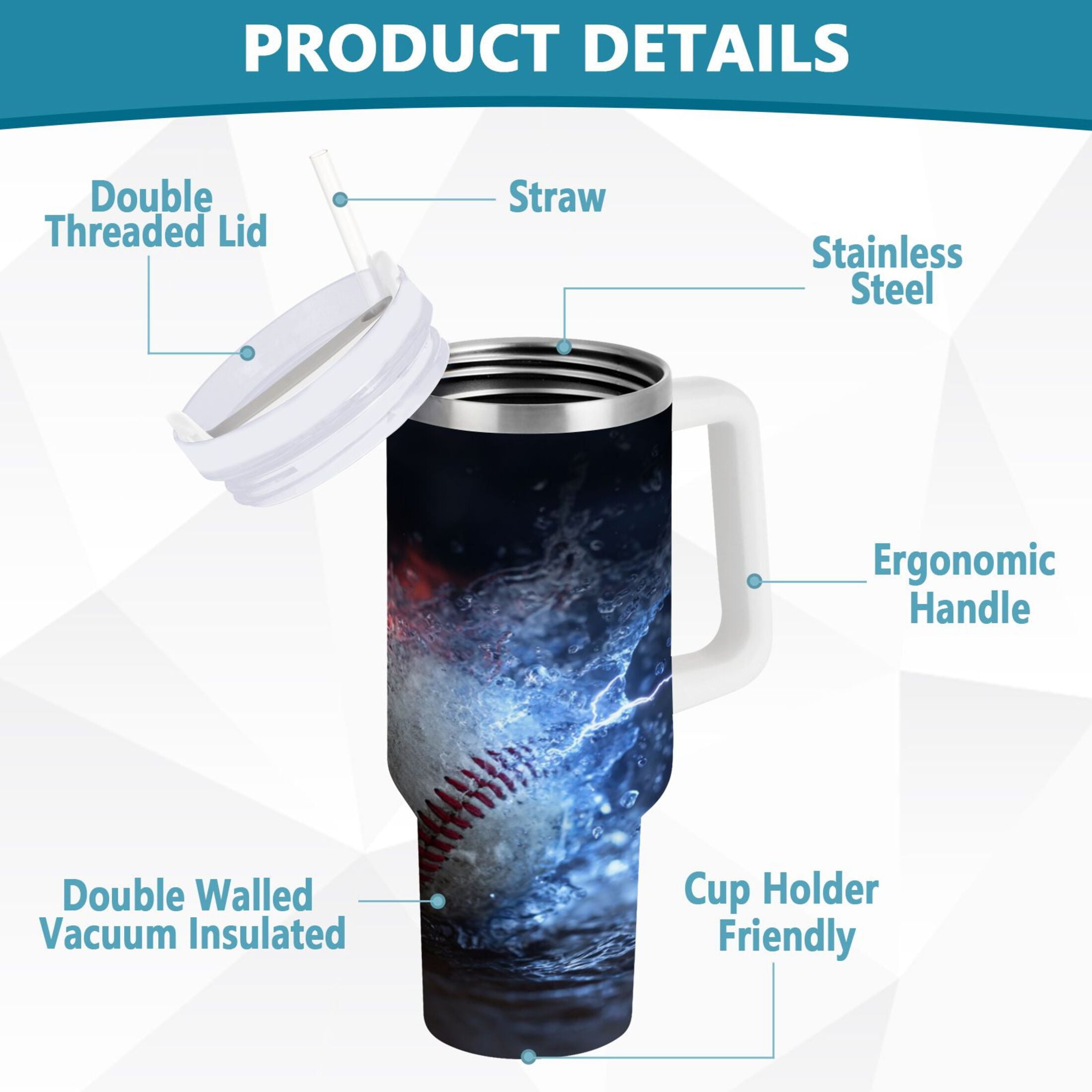 40 oz Insulated Stainless Steel Tumbler Double Wall Stainless Steel Tumbler with 2-Way Drinking Baseball with Water and Fire C680S