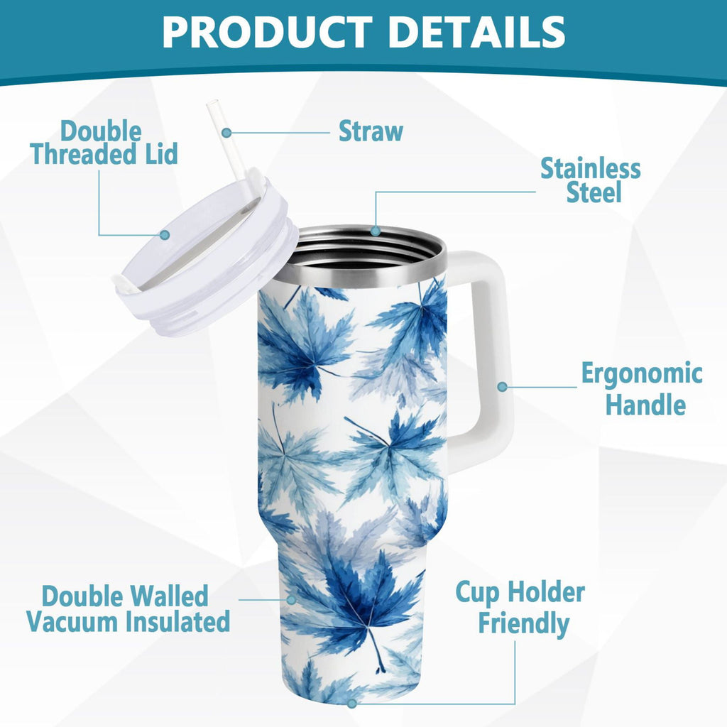 30 oz Insulated Stainless Steel Tumbler Double Wall Stainless Steel Tumbler with 2-Way Drinking Abstract Blue Maple Leaves C581Z