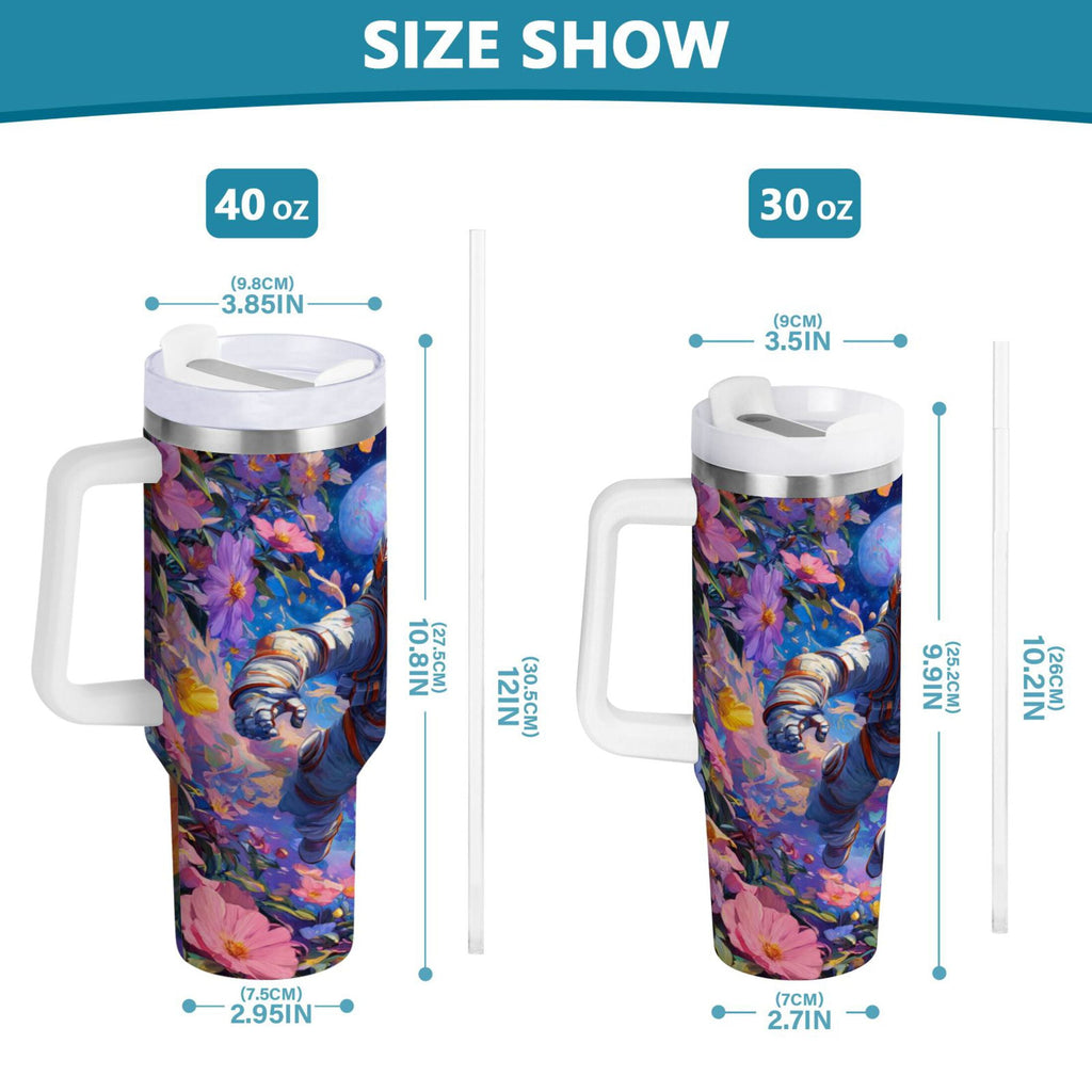 40 oz Insulated Stainless Steel Tumbler Double Wall Stainless Steel Tumbler with 2-Way Drinking Astronaut and Colorful Flowers C562D