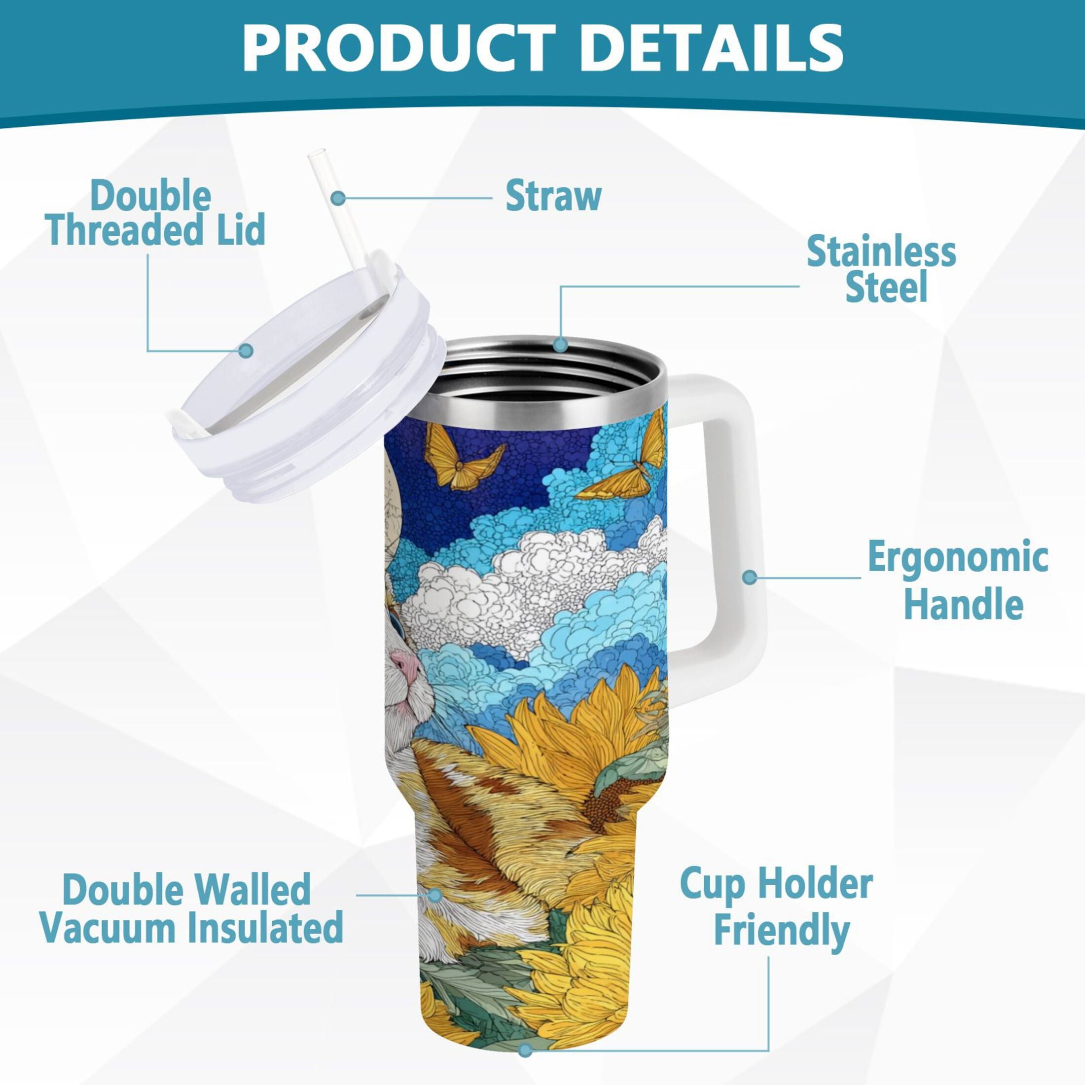 40 oz Insulated Stainless Steel Tumbler Double Wall Stainless Steel Tumbler with 2-Way Drinking Cat Lies in The Sunflowers C651Y
