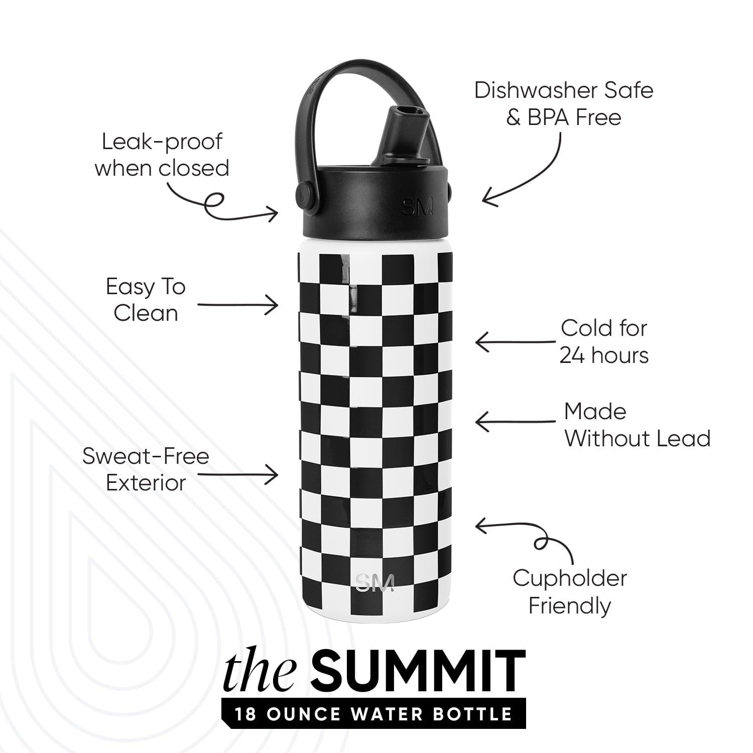 Simple Modern 18 fl oz Insulated Stainless Steel Summit Wide Mouth Water Bottle with Handle and Straw Lid|Black and White Checkmate C398L
