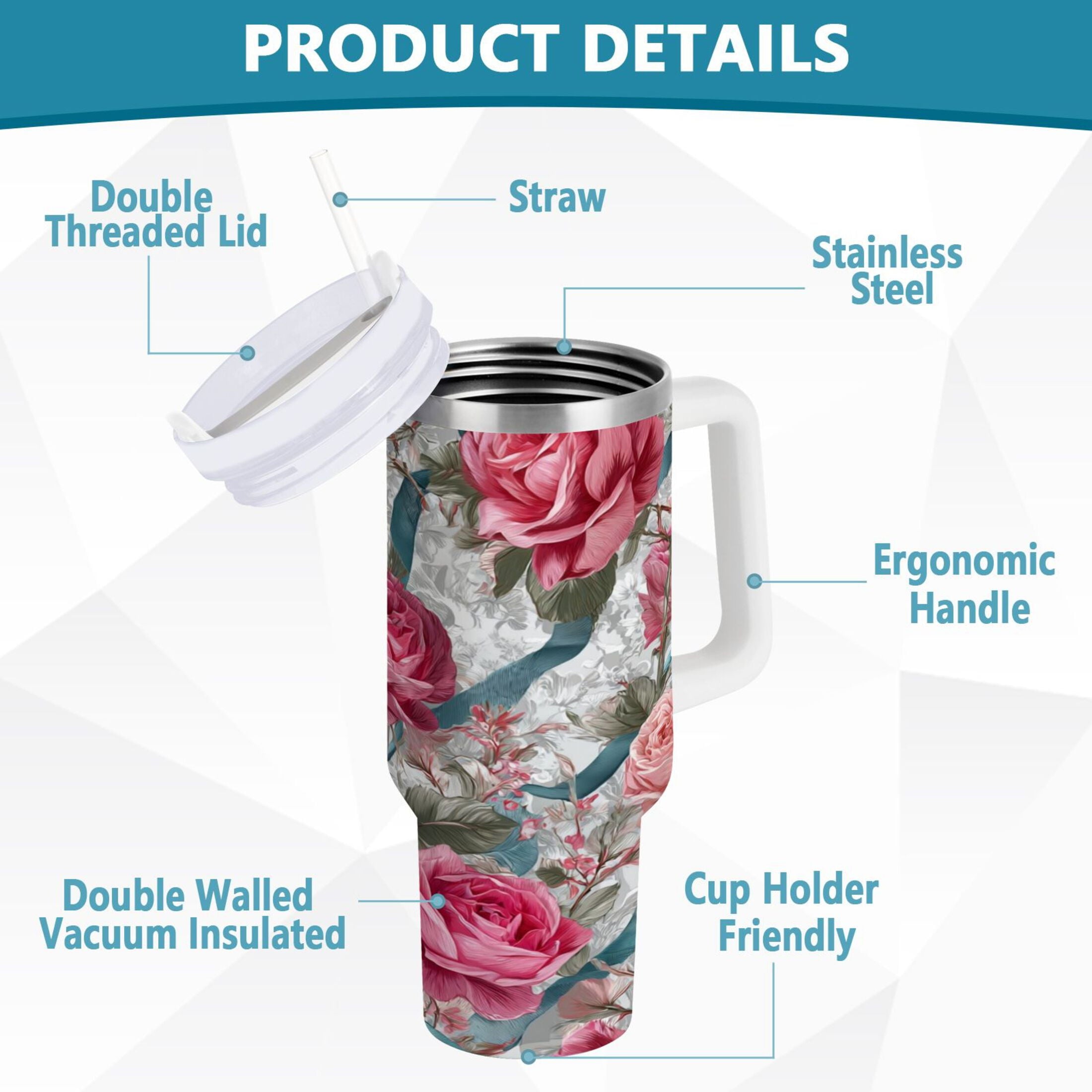 30 oz Insulated Stainless Steel Tumbler Double Wall Stainless Steel Tumbler with 2-Way Drinking Roses and Ribbons C675U