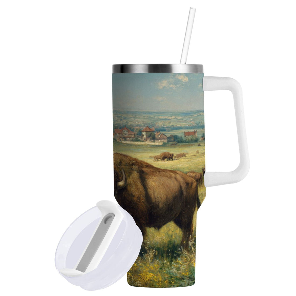 30 oz Insulated Stainless Steel Tumbler Double Wall Stainless Steel Tumbler with 2-Way Drinking Buffalo Herd Oil Painting C660C