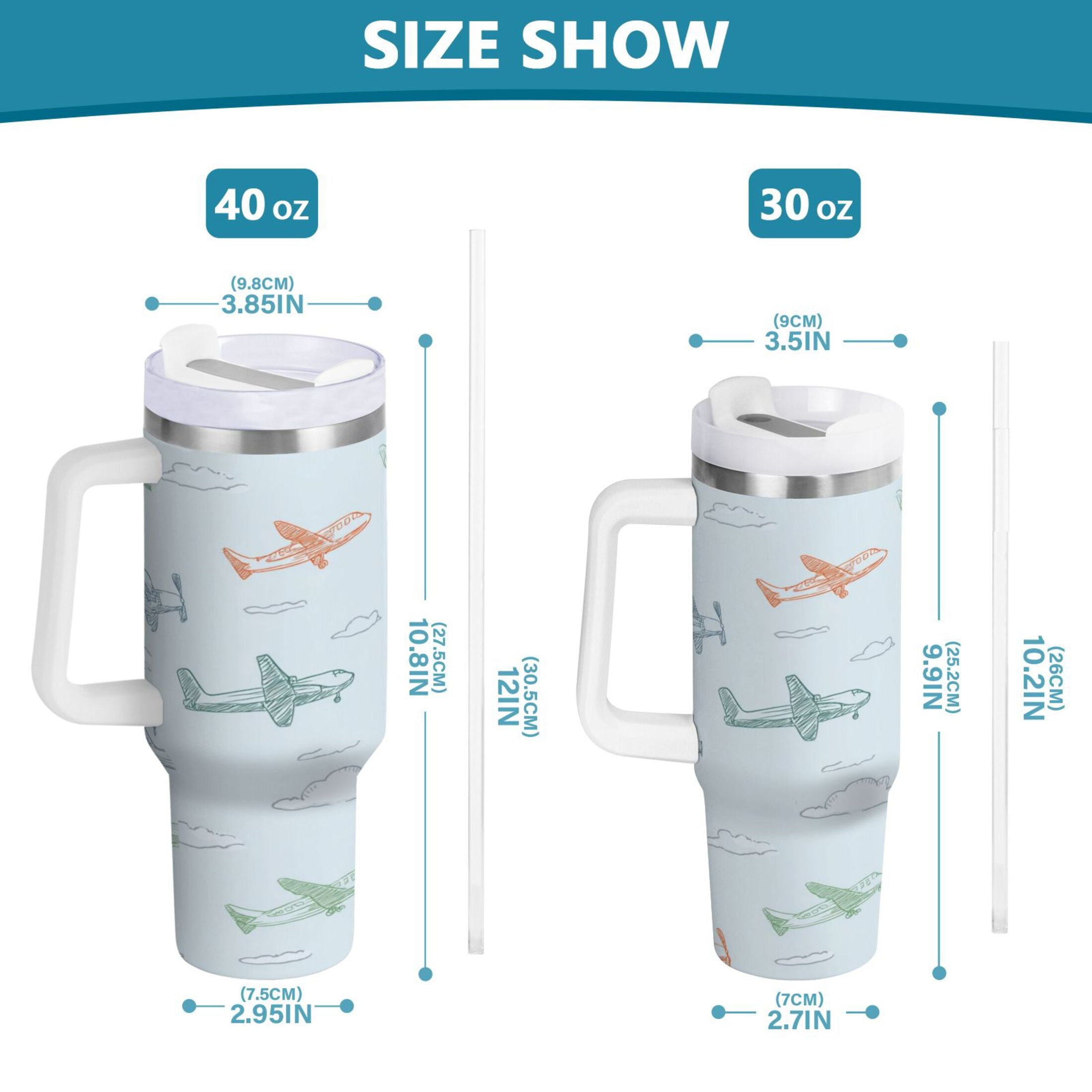 30 oz Insulated Stainless Steel Tumbler Double Wall Stainless Steel Tumbler with 2-Way Drinking Pastel Doodle Airplanes C593J