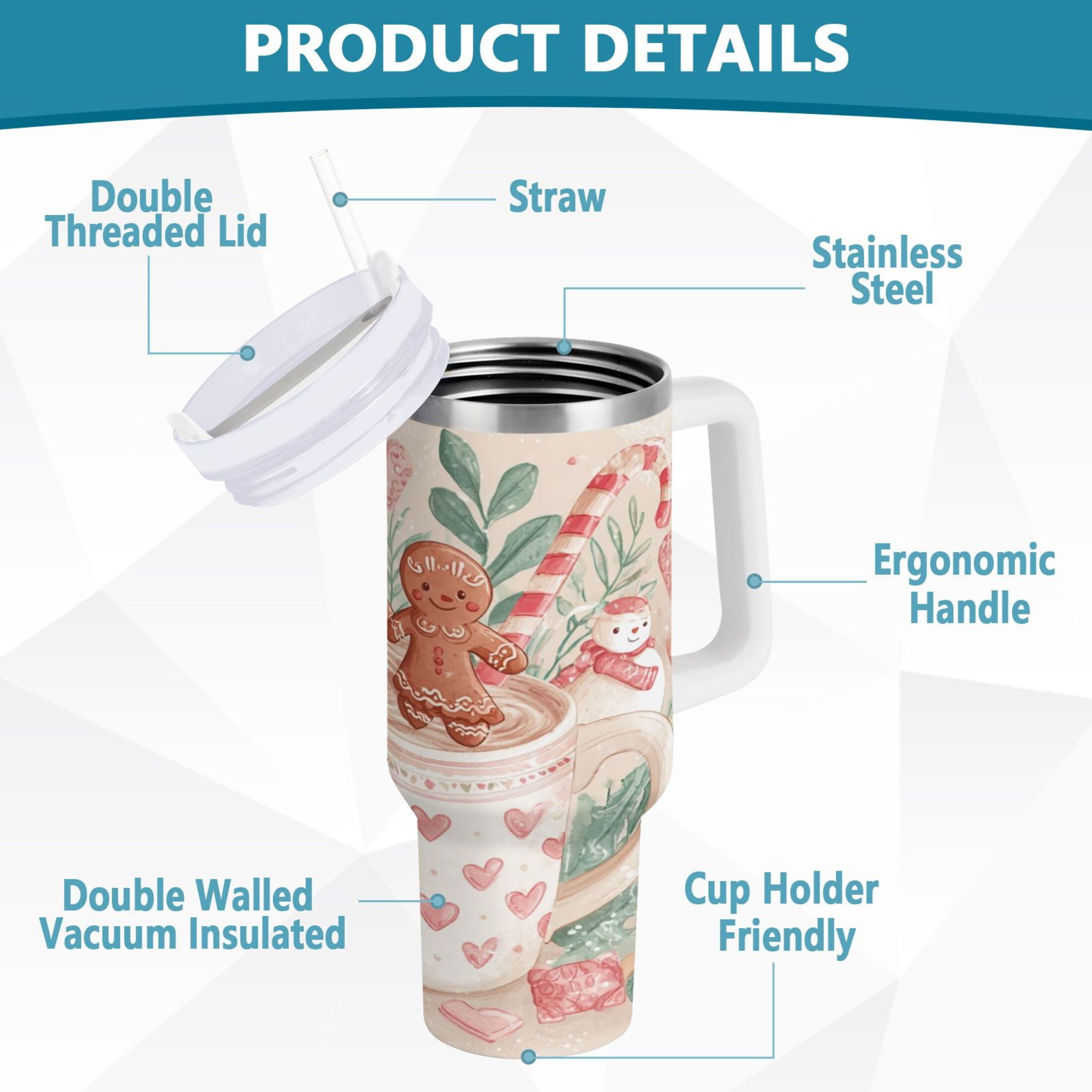 30 oz Insulated Stainless Steel Tumbler Double Wall Stainless Steel Tumbler with 2-Way Drinking Cute Christmas Design C600G