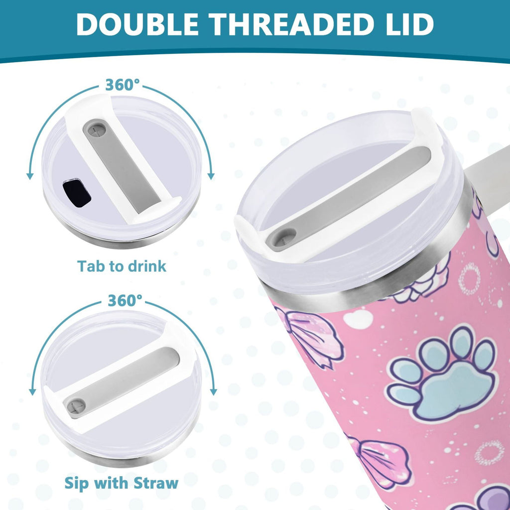 30 oz Insulated Stainless Steel Tumbler Double Wall Stainless Steel Tumbler with 2-Way Drinking Dog Paw Prints and Bows C648Y