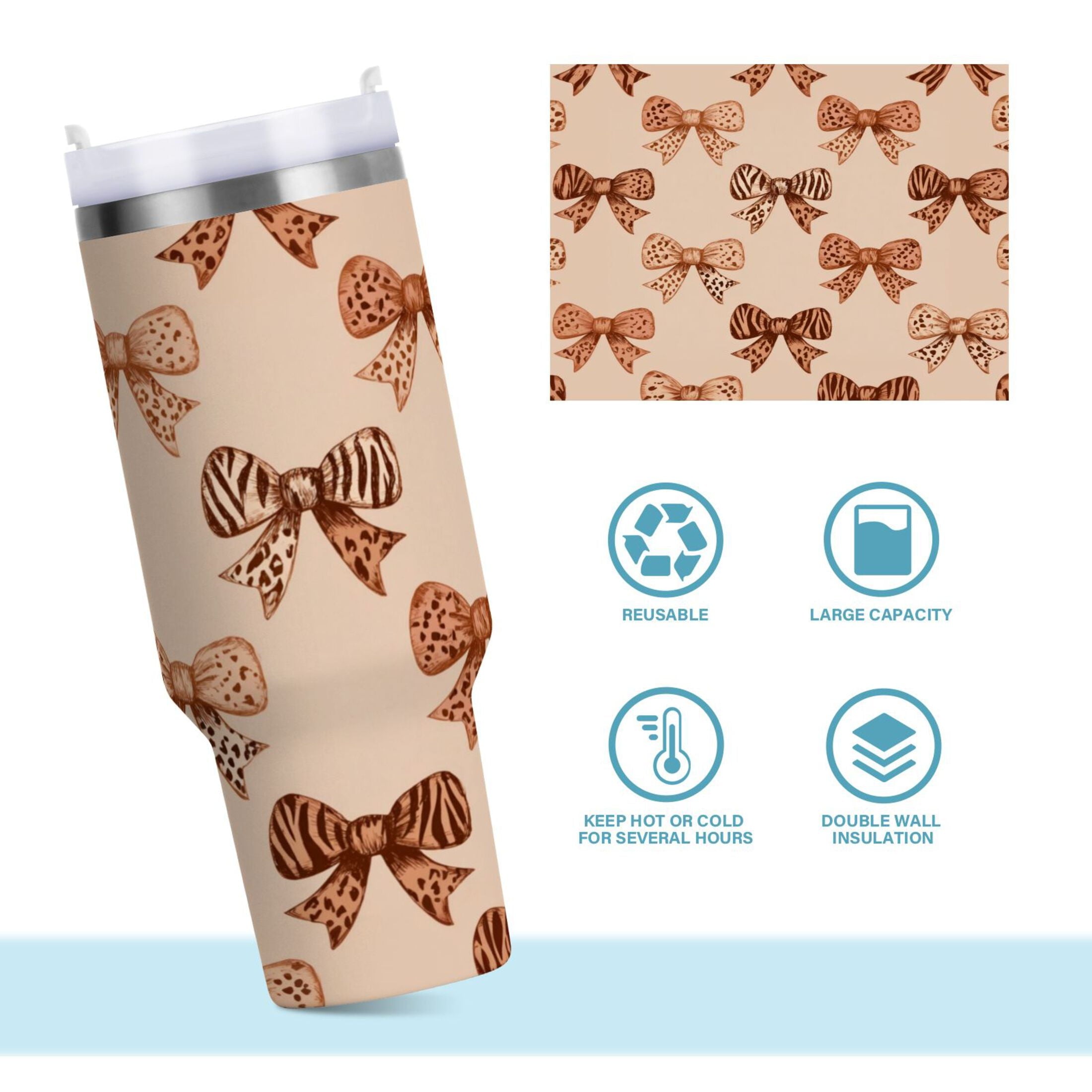 40 oz Insulated Stainless Steel Tumbler Double Wall Stainless Steel Tumbler with 2-Way Drinking Leopard Print Bow C550P