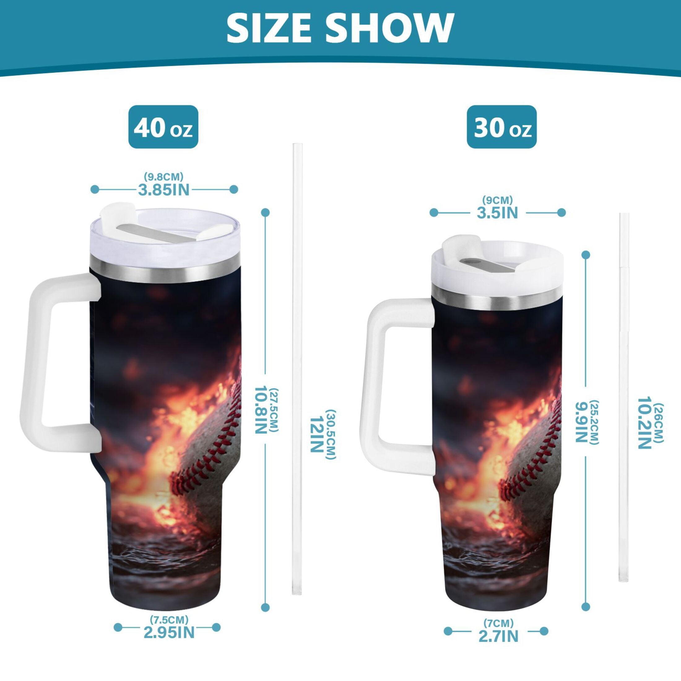 40 oz Insulated Stainless Steel Tumbler Double Wall Stainless Steel Tumbler with 2-Way Drinking Baseball with Water and Fire C680S