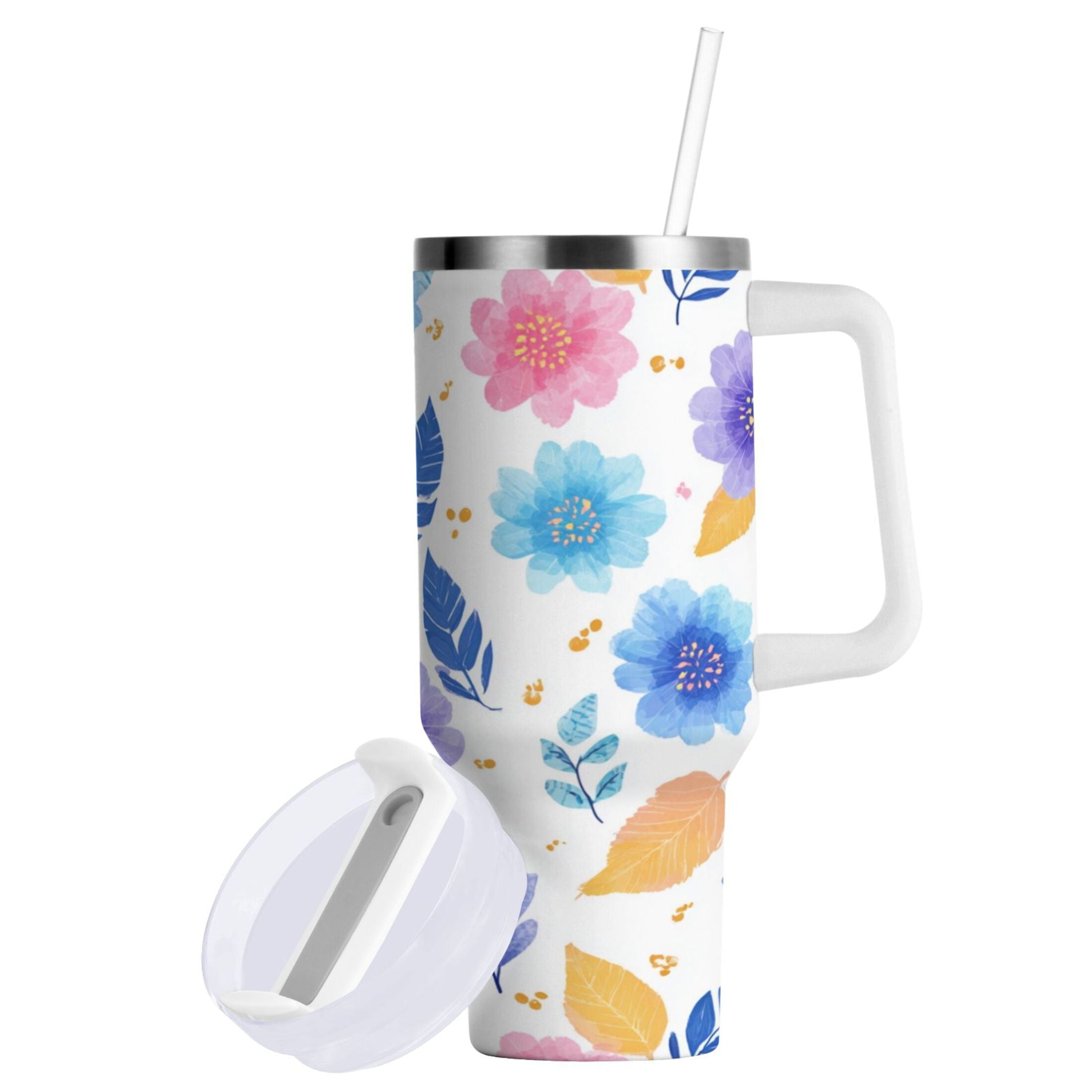 30 oz Insulated Stainless Steel Tumbler Double Wall Stainless Steel Tumbler with 2-Way Drinking Blue and Purple Flowers C522M