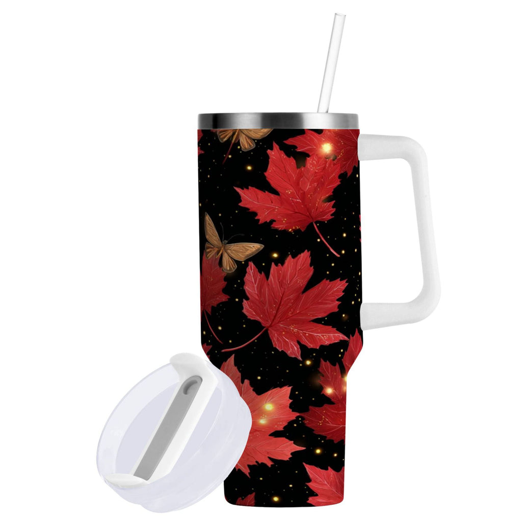 40 oz Insulated Stainless Steel Tumbler Double Wall Stainless Steel Tumbler with 2-Way Drinking Maple Leaves and Fireflies C516U