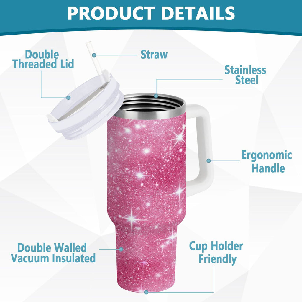 40 oz Insulated Stainless Steel Tumbler Double Wall Stainless Steel Tumbler with 2-Way Drinking Pink Glitter Background C608A
