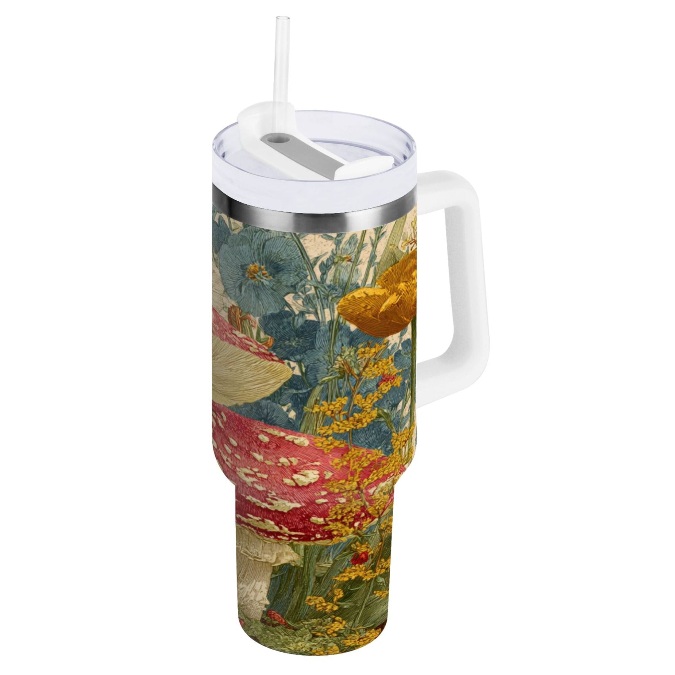 30 oz Insulated Stainless Steel Tumbler Double Wall Stainless Steel Tumbler with 2-Way Drinking Red Mushrooms with Flowers C449E